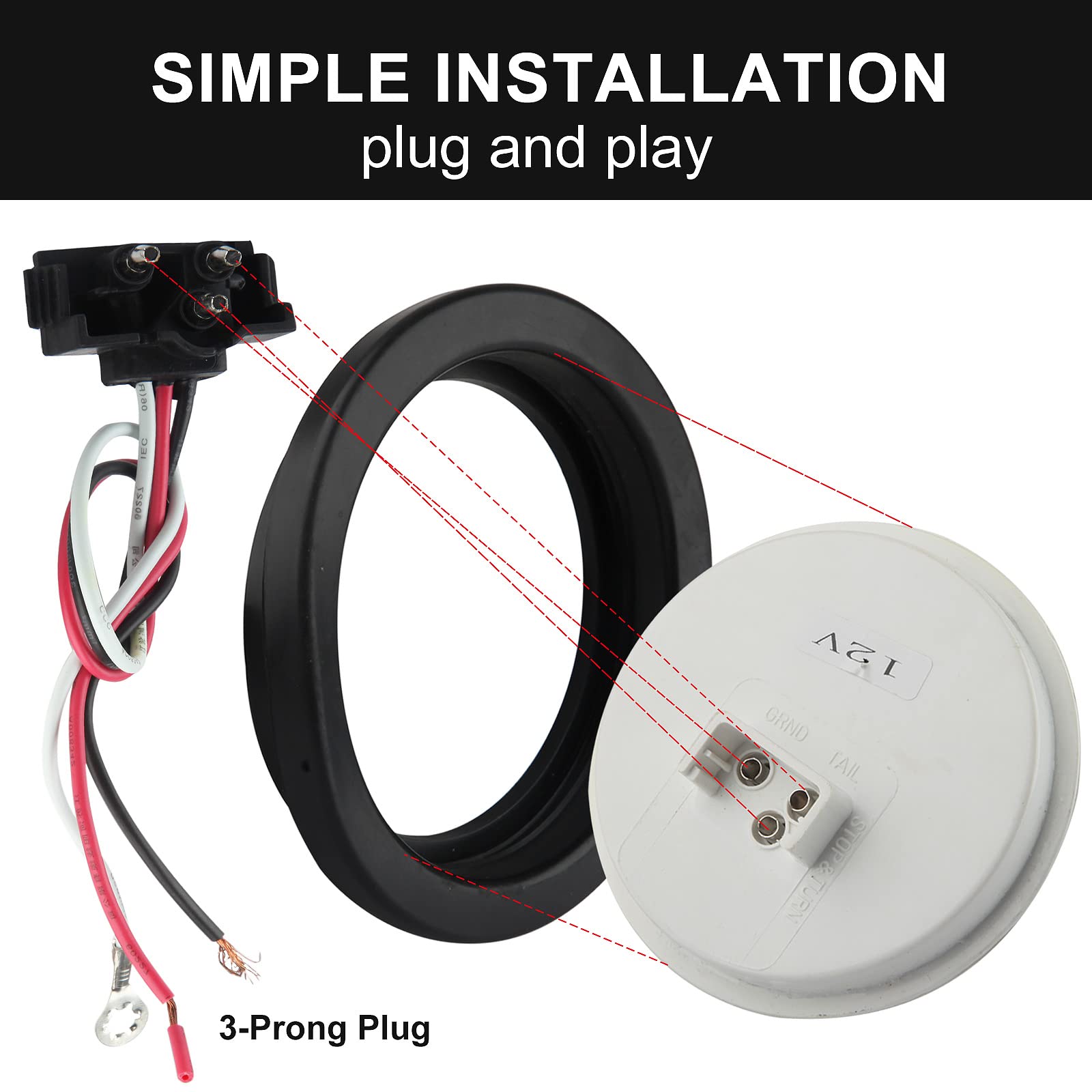 Partswcgg 4in round LED tail light flush mount with rubber grommet for clean trailer aesthetics.