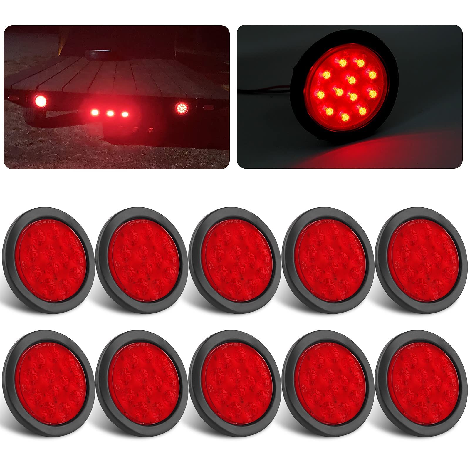 Partswcgg 4in round LED tail light, red front view, enhances trailer signaling and visibility on the road.