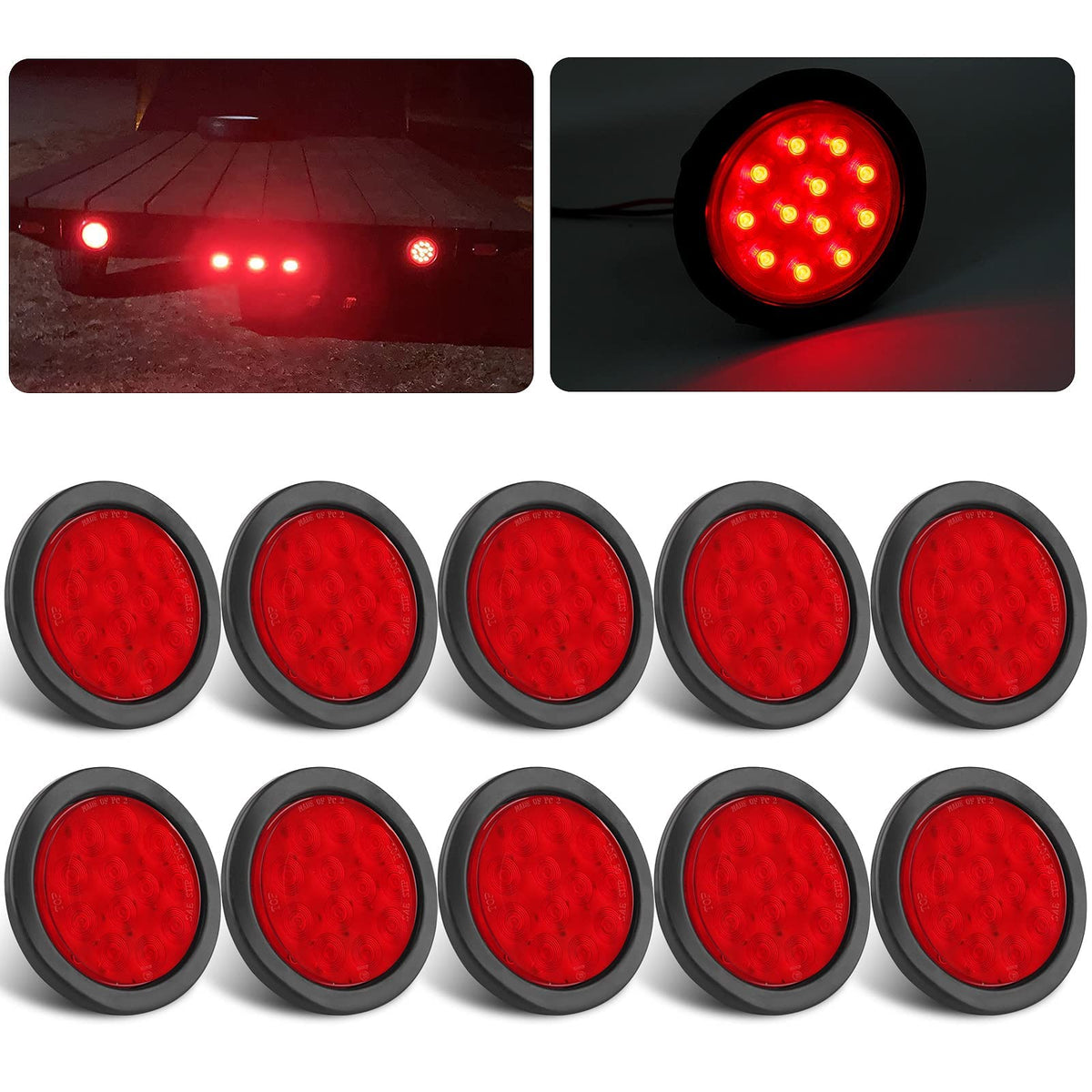 Partswcgg 4in round LED tail light, red front view, enhances trailer signaling and visibility on the road.