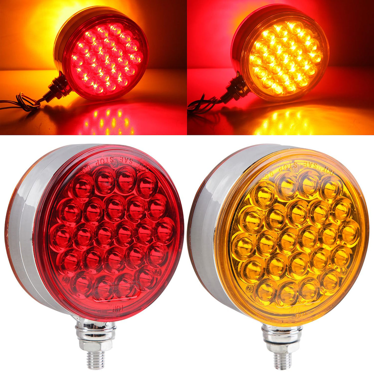 Partswcgg two-piece four-inch double-face LED turn signal light with amber front and red rear.