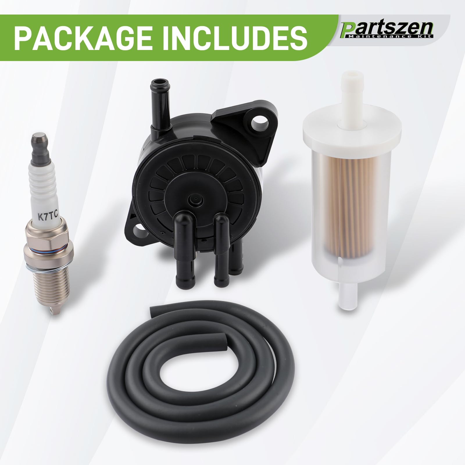 Partszen package contents; pump, filter, spark plug, and line shown.