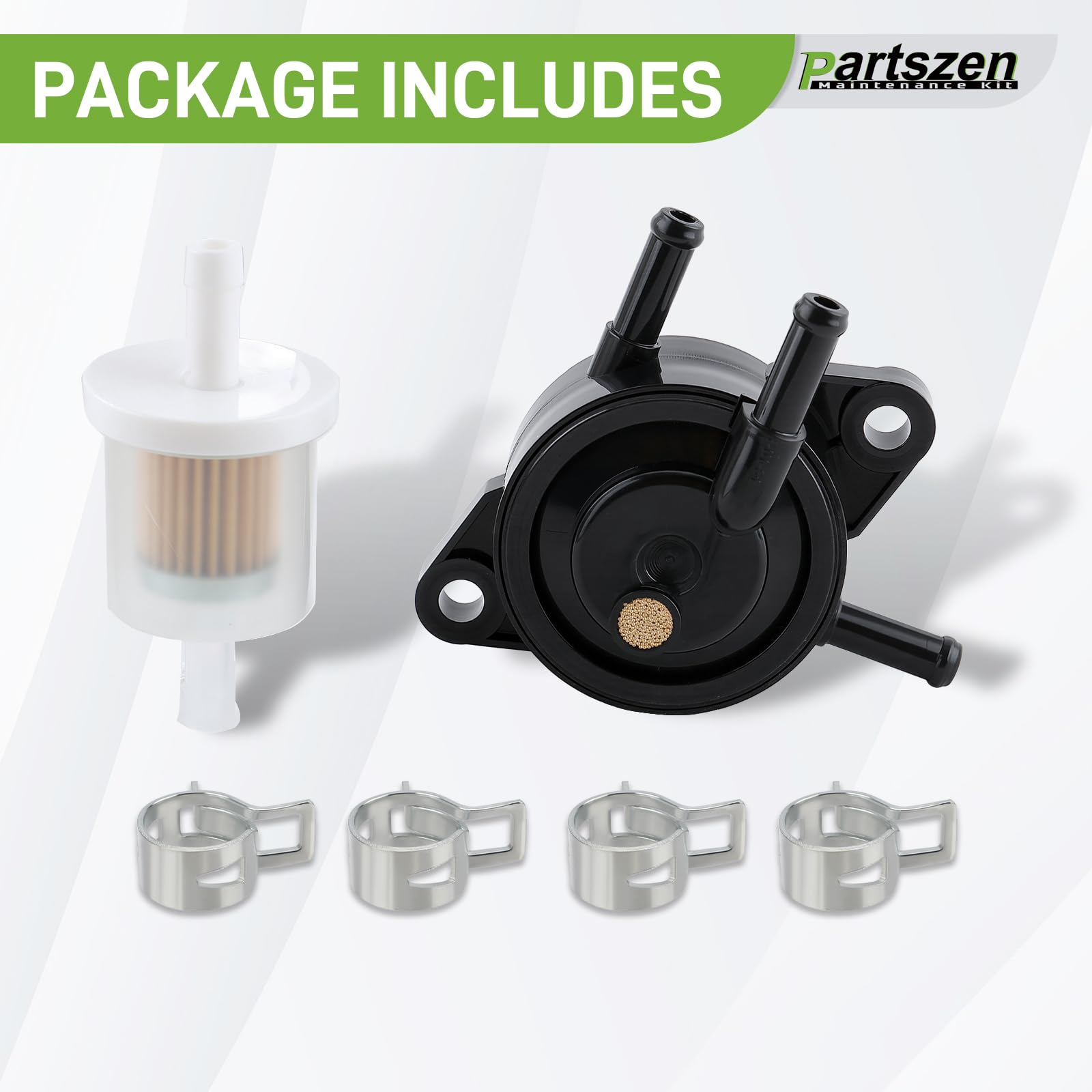 Partszen packaging view shows complete fuel pump and filter kit.