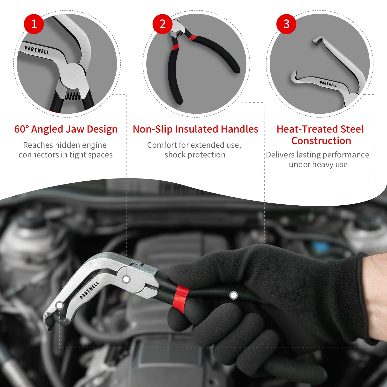 PARTWELL disconnect pliers 60-degree angle reach for confined engine spaces