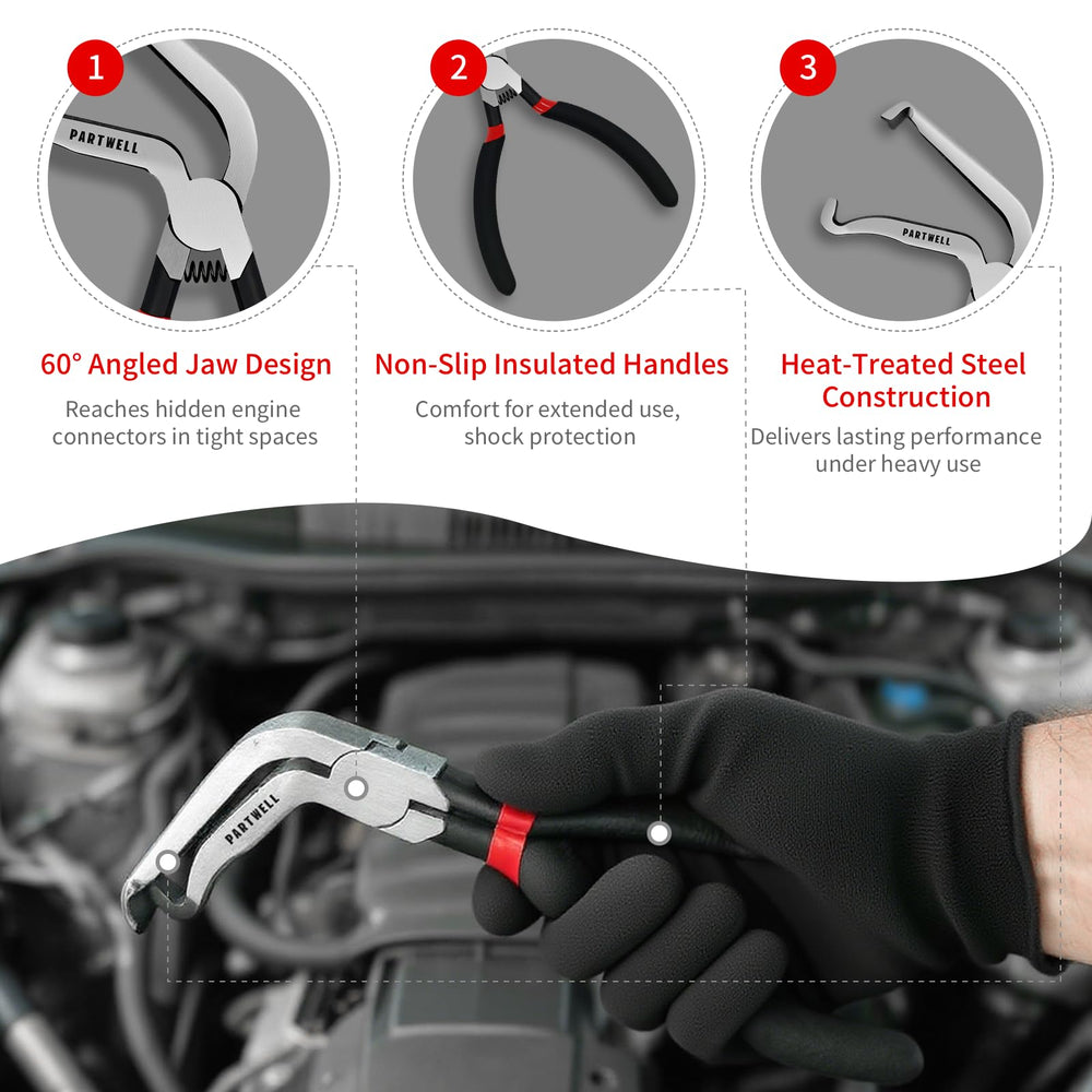 PARTWELL disconnect pliers 60-degree angle reach for confined engine spaces