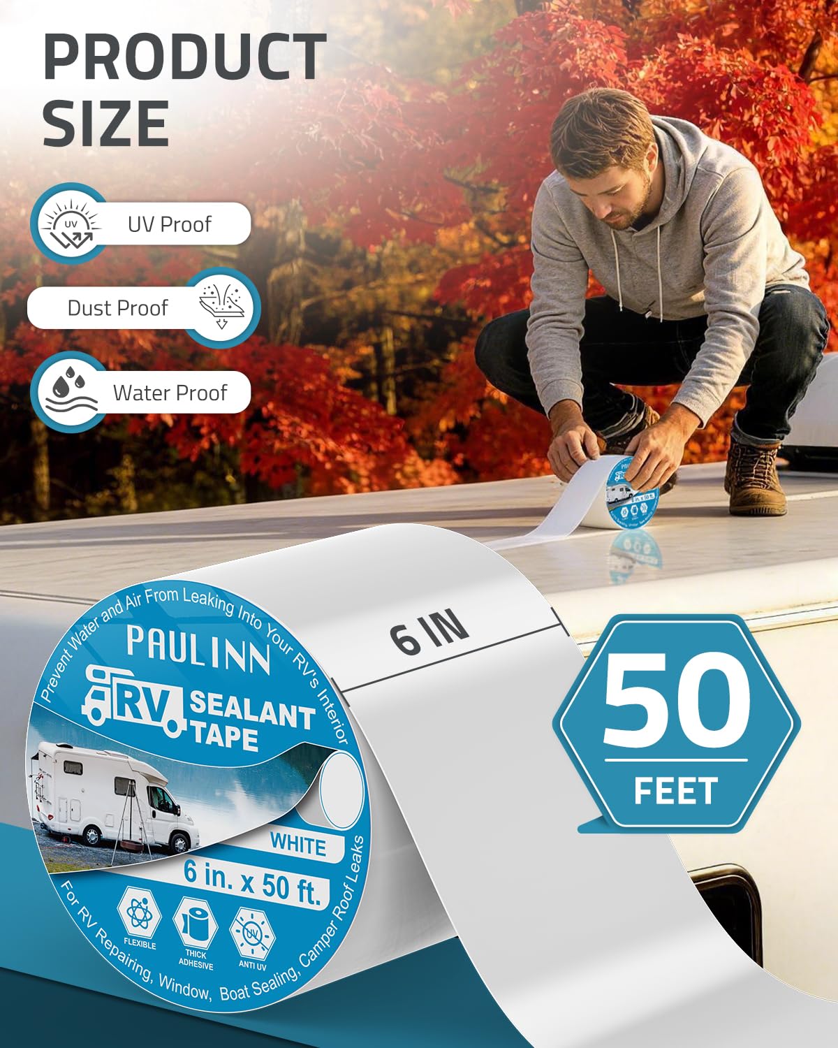PAULINN natural white roof tape blends with RV roof for a clean look.