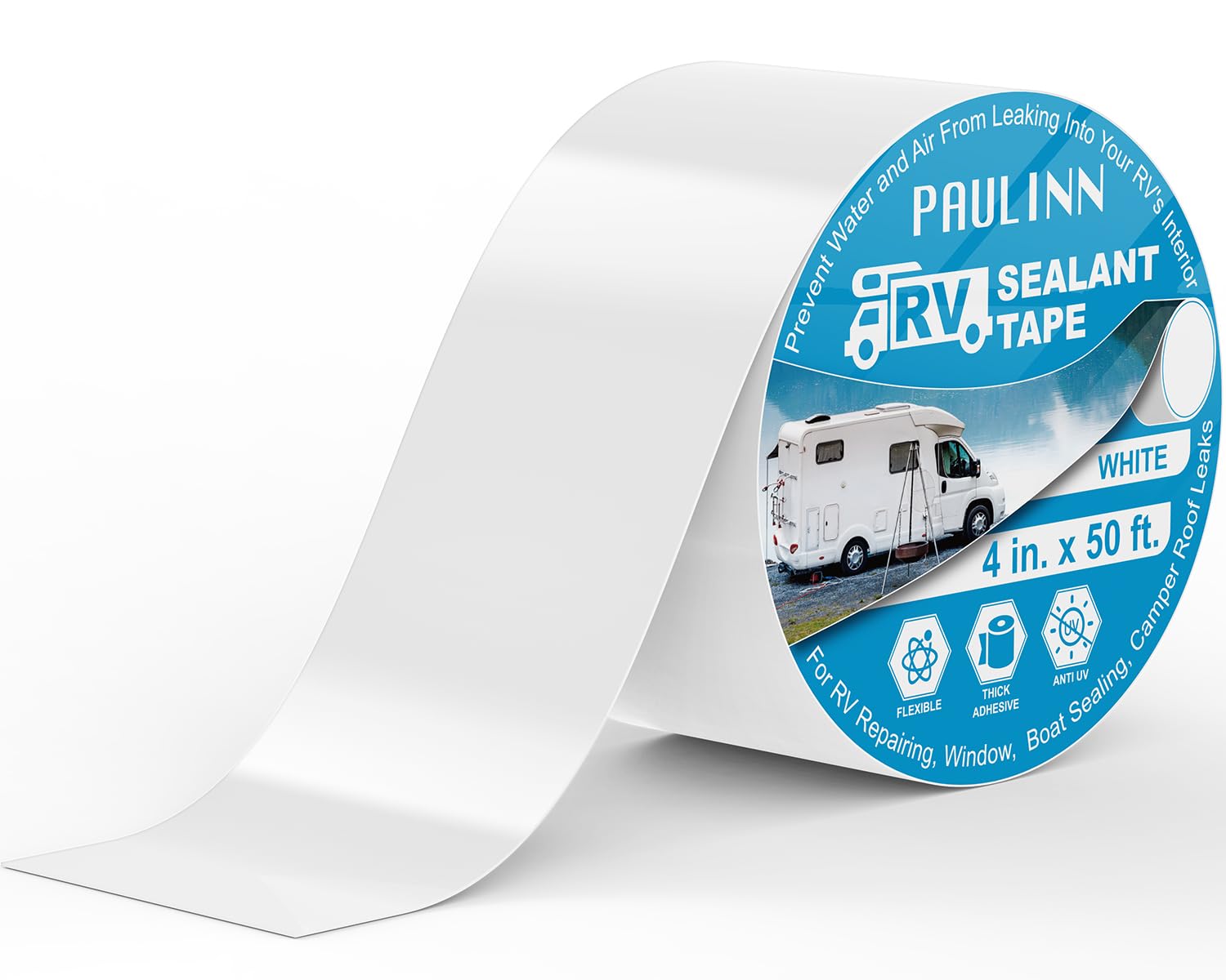 PAULINN RV roof tape 4in-50ft in white provides durable leak protection.