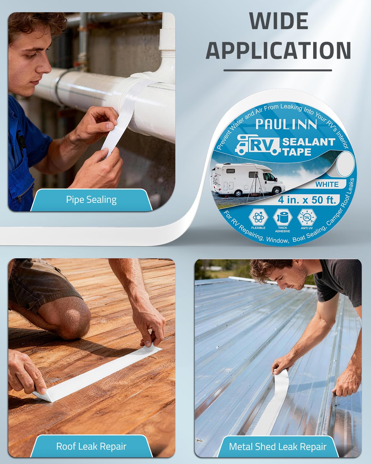 PAULINN roof tape being applied step by step for a secure seal.