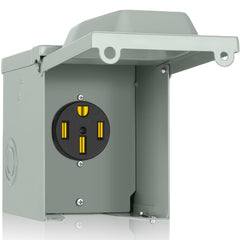 PAULINN 50A RV outlet box front view showing spacious interior for easy cord handling.