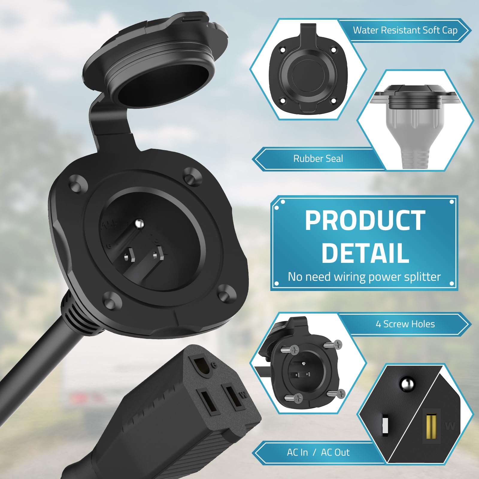 PAULINN integrated extension cord showcases 18-inch reach for flexible RV connections.