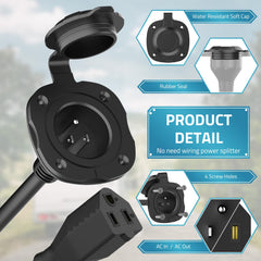 PAULINN integrated extension cord showcases 18-inch reach for flexible RV connections.
