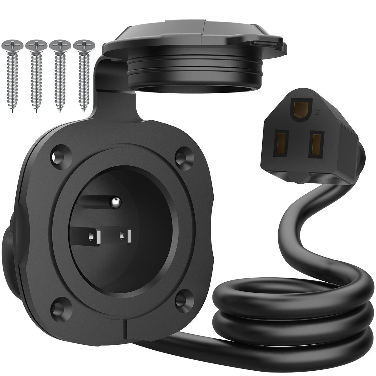 PAULINN shore power inlet closeup showing 15-amp design for reliable outdoor use.