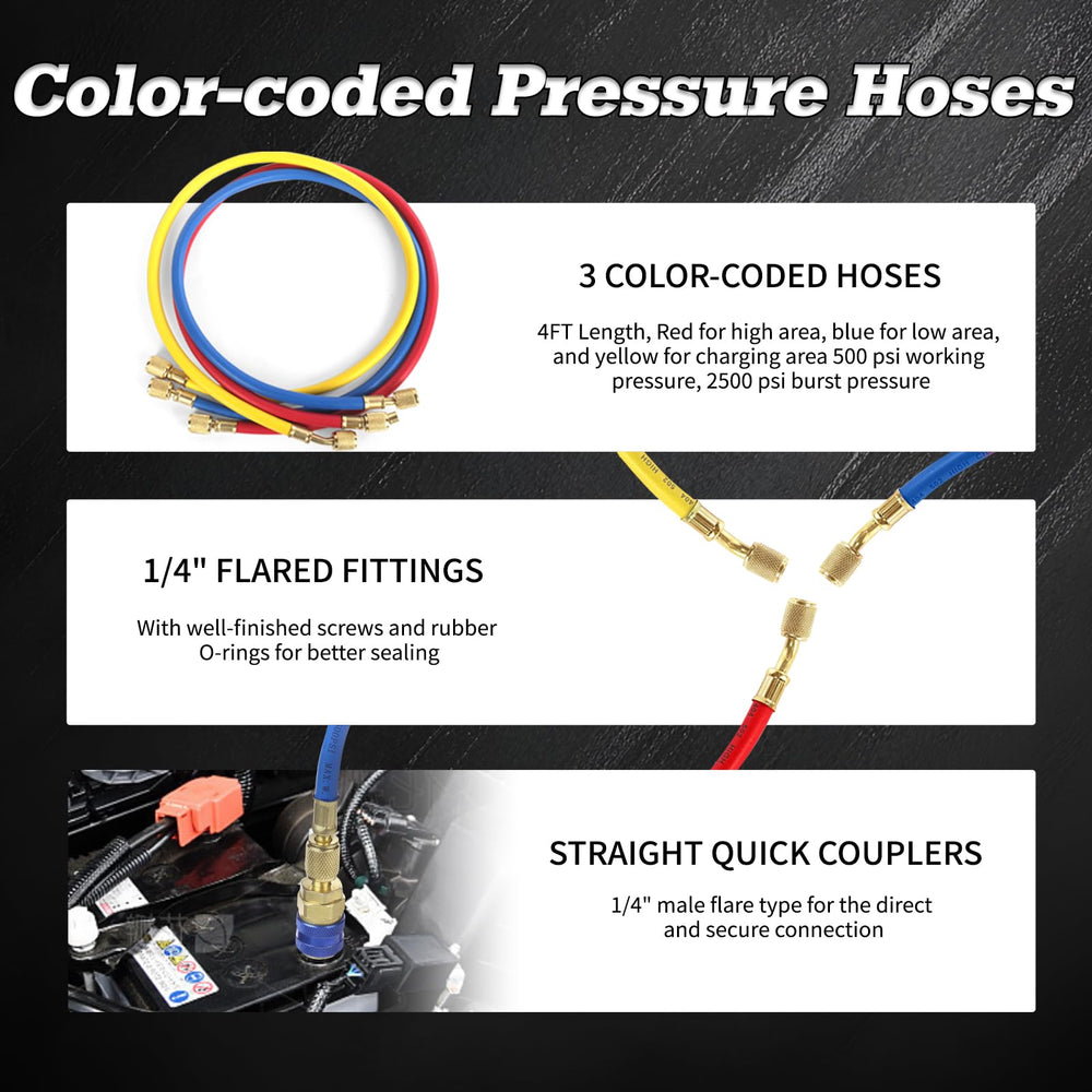 PB Motor Tech BMT color-coded hoses for high, low, and charging lines