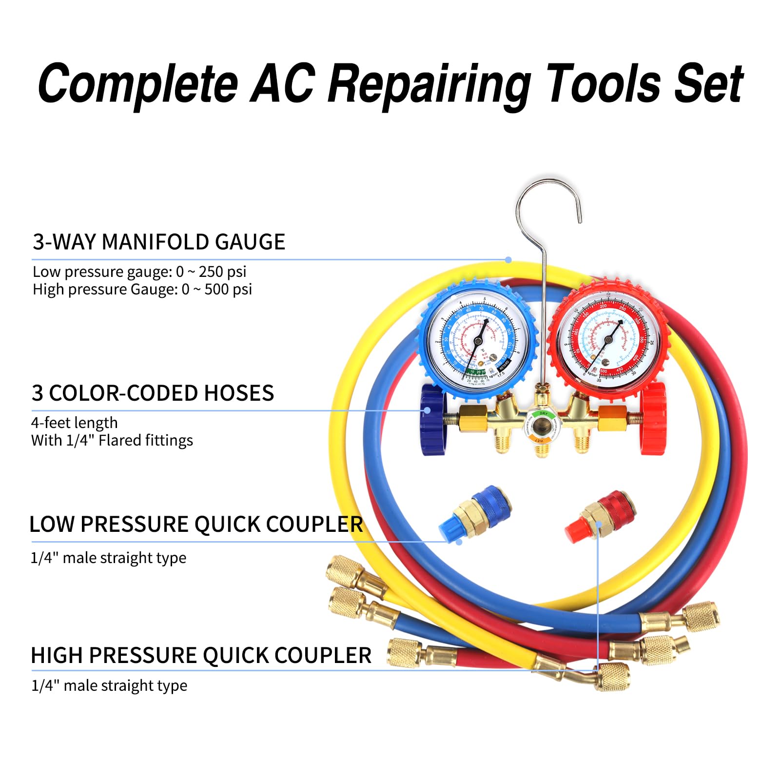 PB Motor Tech brass manifold gauge set with large dials and sight glass