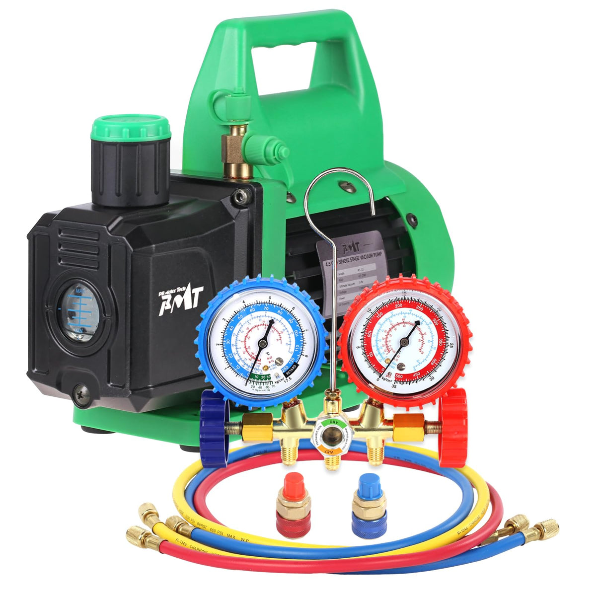 PB Motor Tech vacuum pump front view with brass manifold for auto AC service