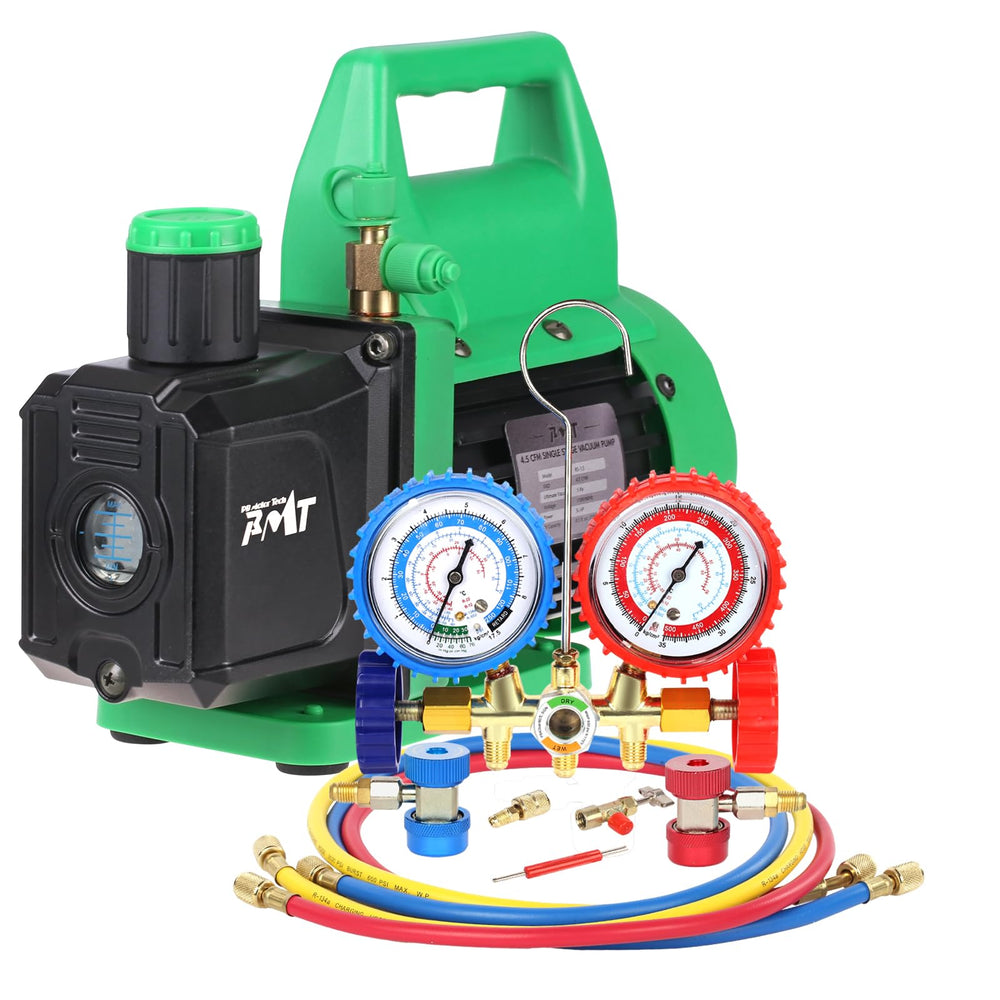 PB Motor Tech vacuum pump set with brass manifold gauge for precise readings.