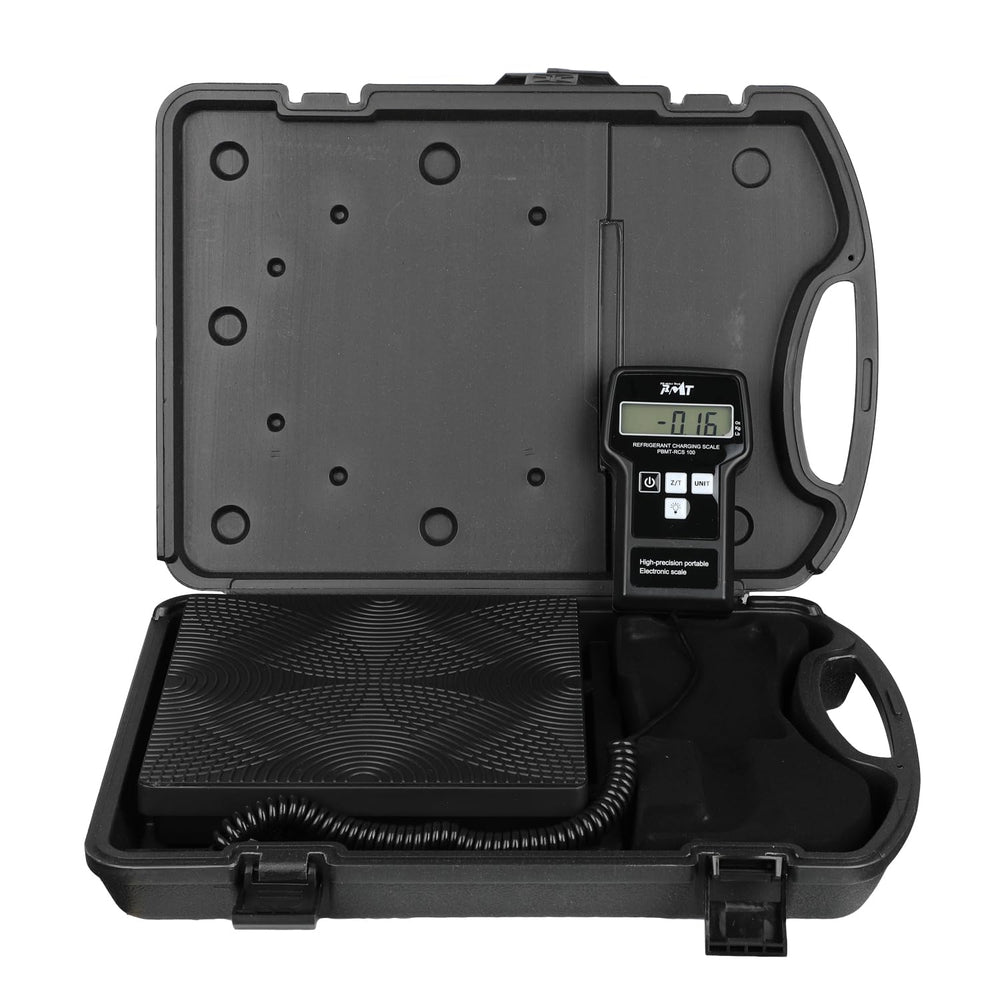 PBMT 220lbs scale front view with digital display for precise refrigerant charging.