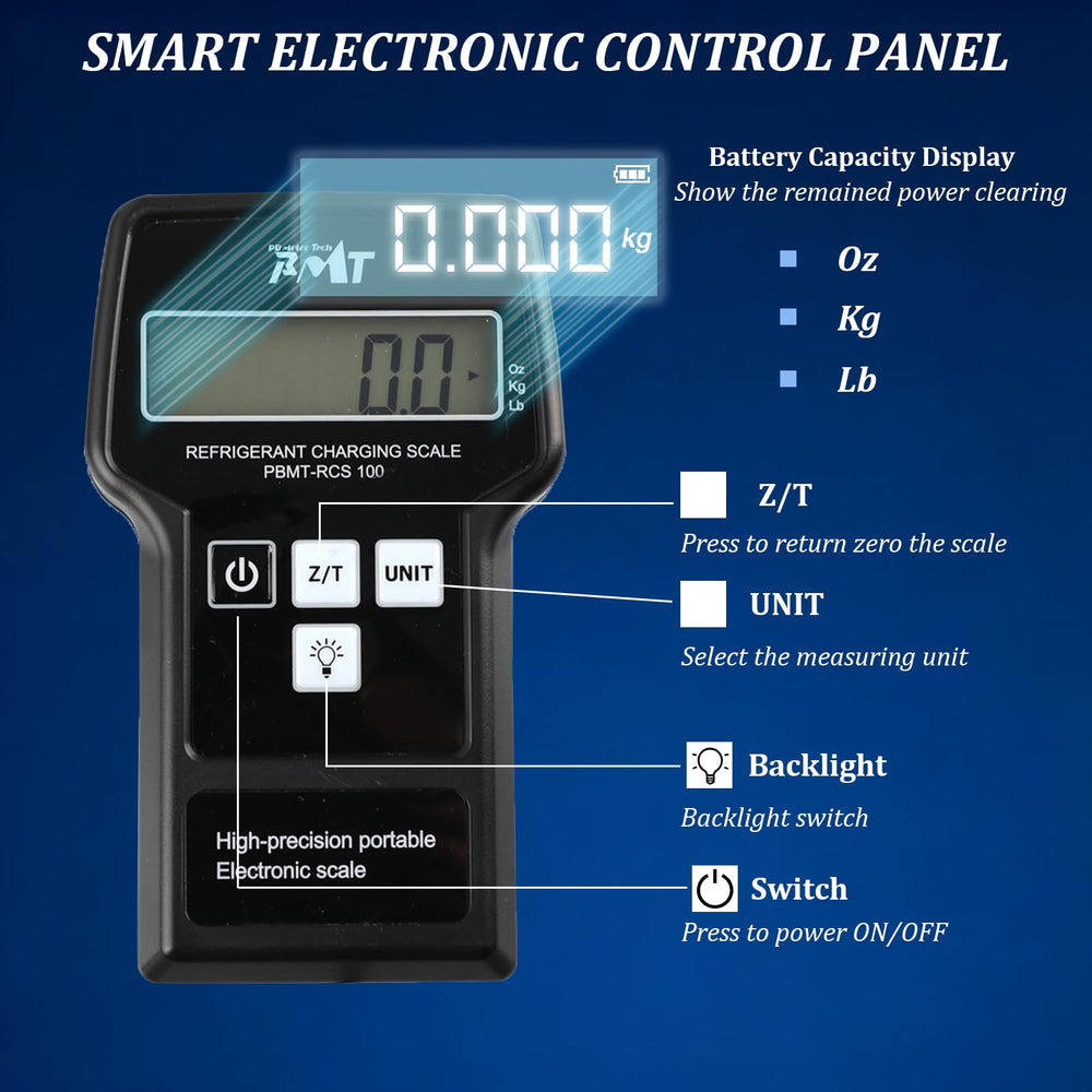 PBMT refrigerant tank on scale illustrates unit's stable platform.