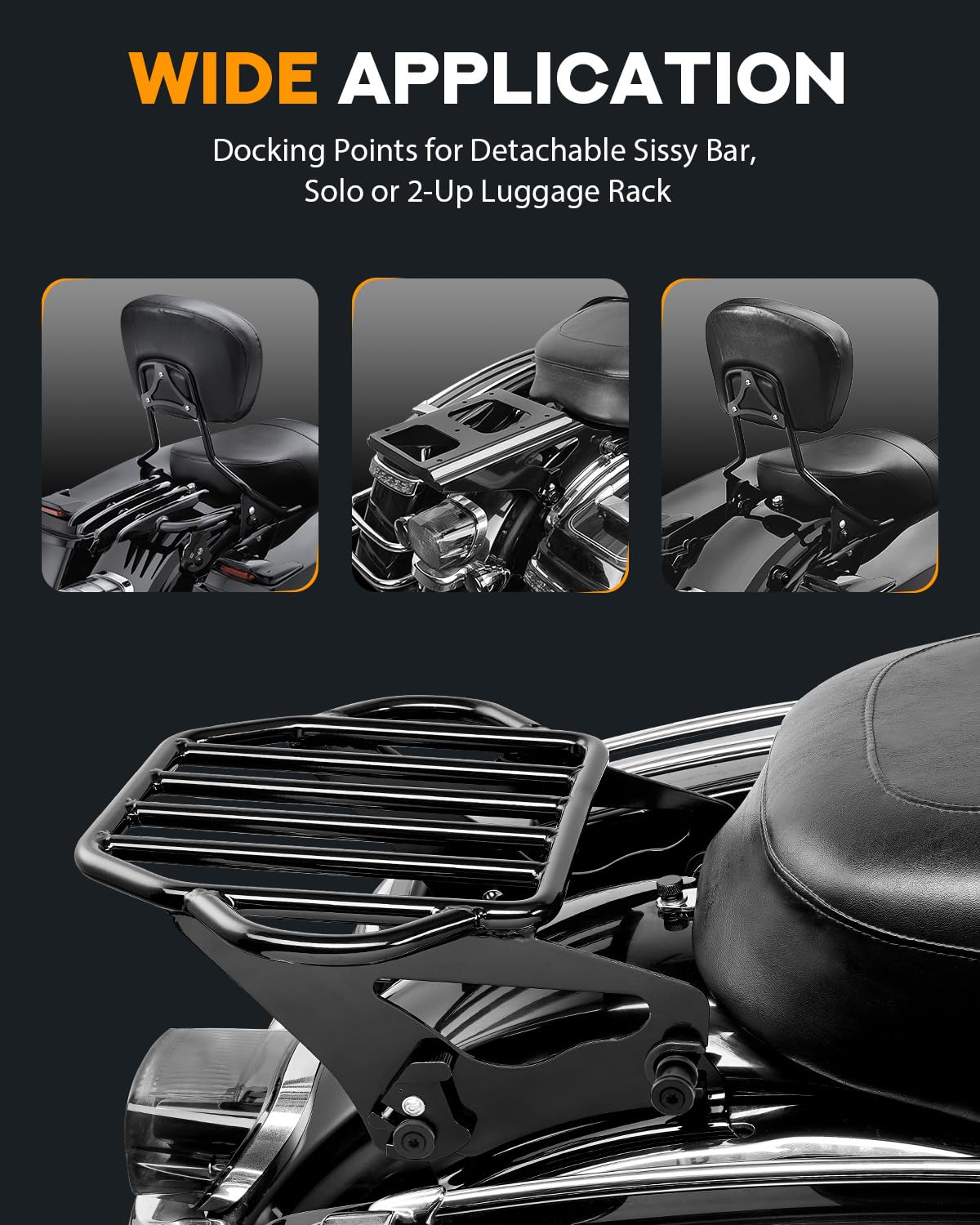 PBYMT detachable sissy bar-ready rack supports solo or two-up travel.