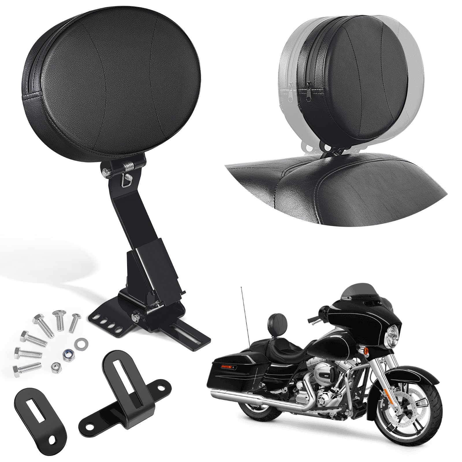 PBYMT driver backrest for Harley Touring shows compatibility with Road King and Street Glide