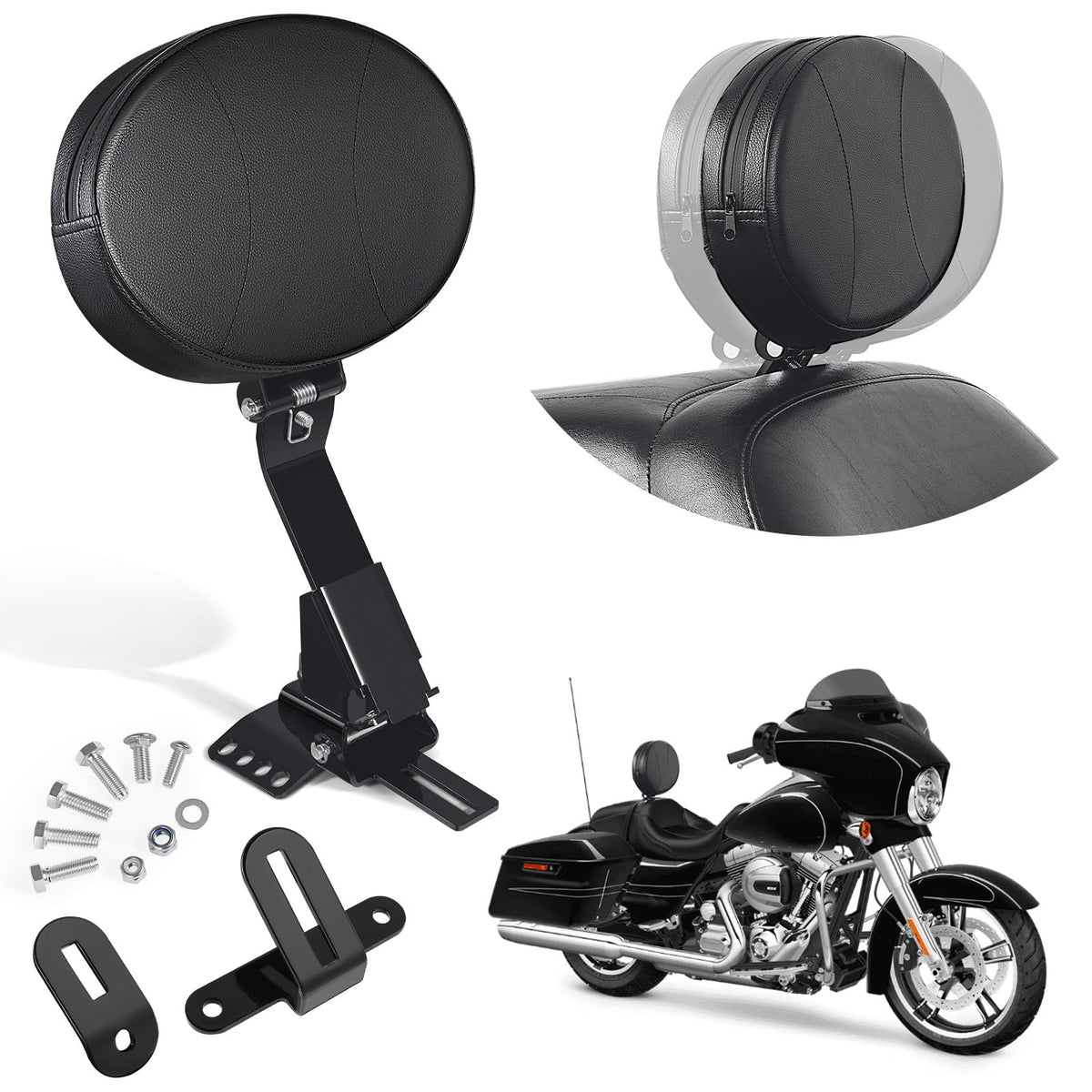 PBYMT driver backrest for Harley Touring shows compatibility with Road King and Street Glide