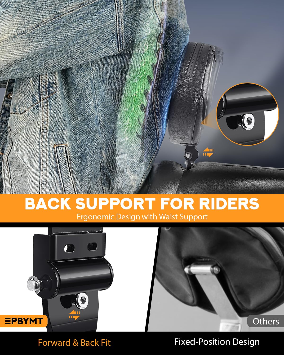PBYMT ergonomic backrest profile offering natural waist support during rides