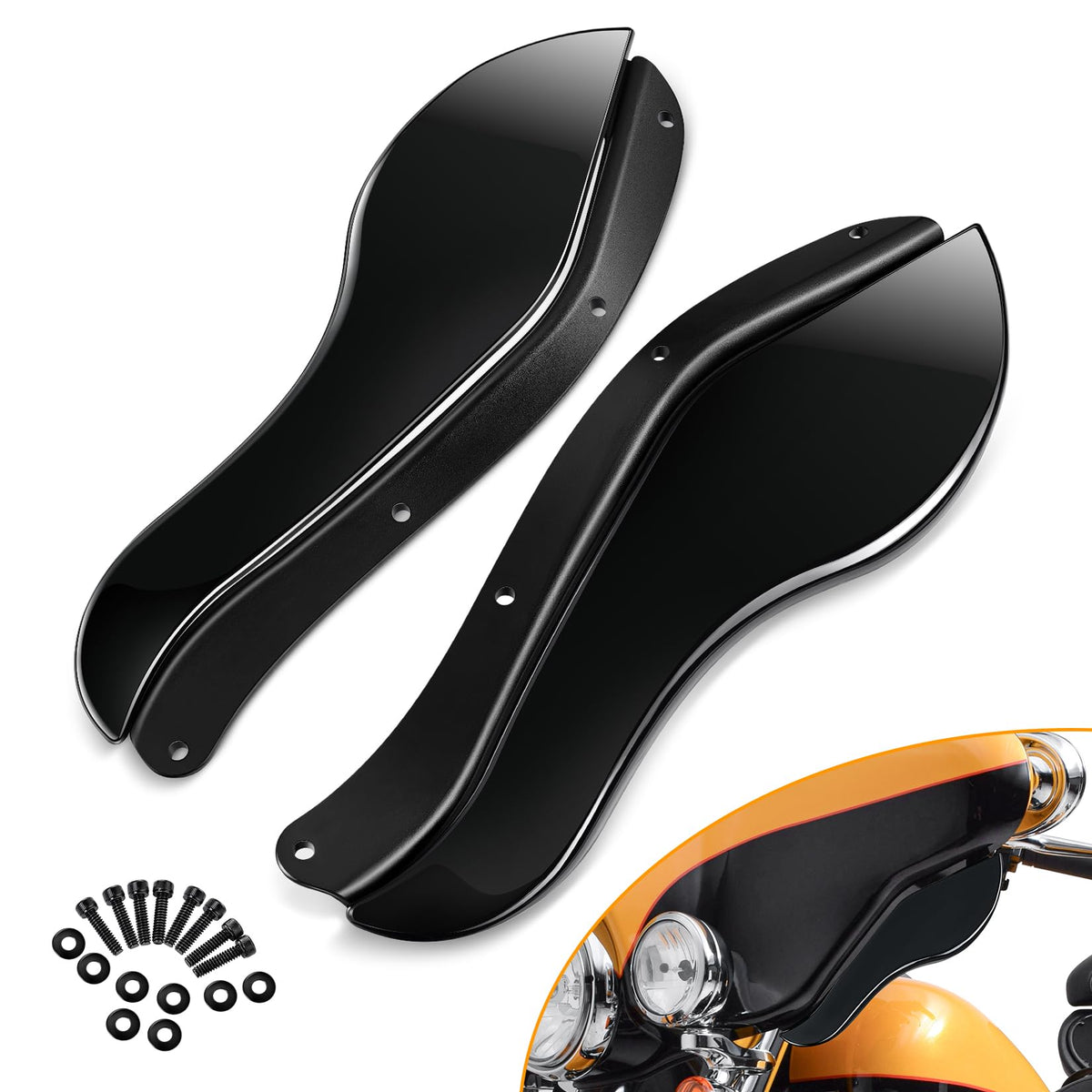 PBYMT fairing air deflectors side wings mounted on a Harley for improved airflow and comfort.