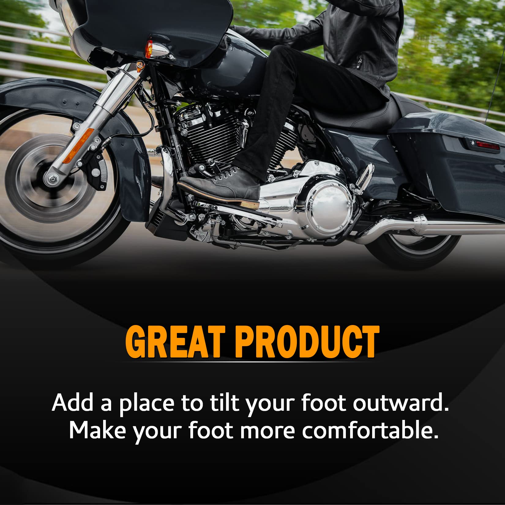 Harley with PBYMT front footboard insert during a highway ride.