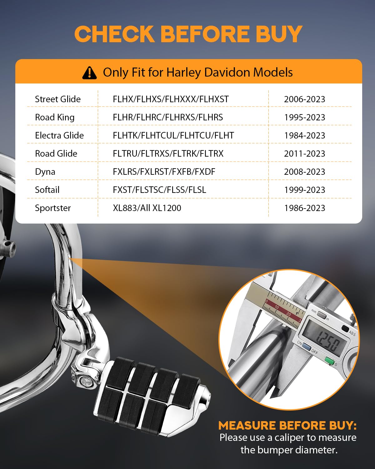 PBYMT highway pegs fit 25mm guards, easy Harley installation.