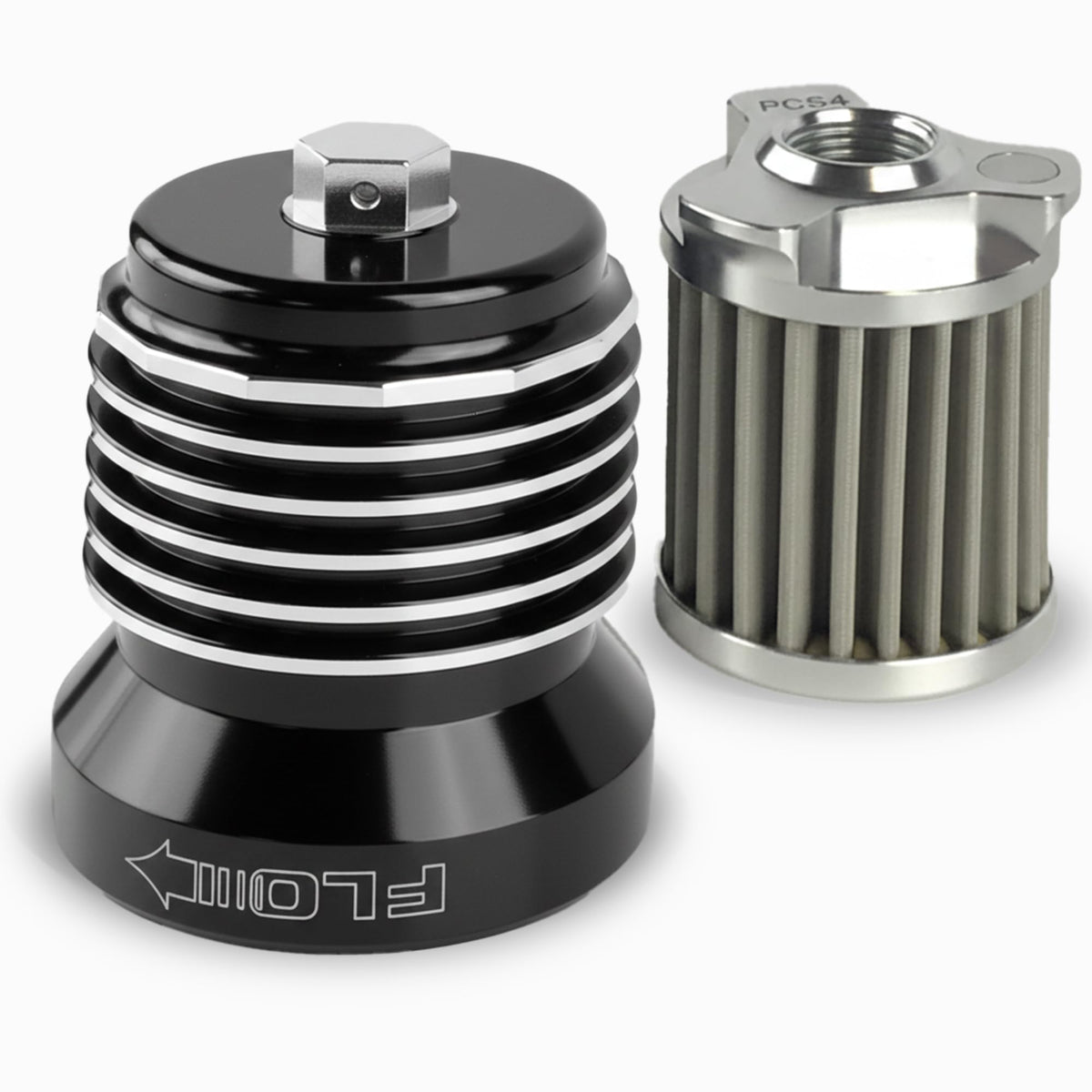 PC Racing FLO filter with black housing for Harley engines; durable and reusable.