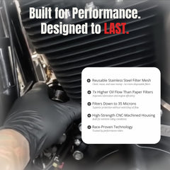 PC Racing FLO filter polished fins enhance Harley styling and heat dissipation.
