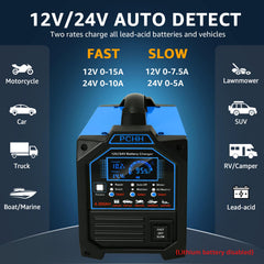 PCHH charger displays two charging options for 12V and 24V batteries in use today