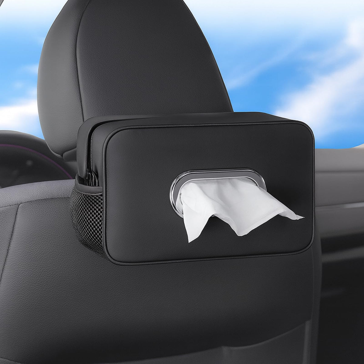 Pcnjozx tissue holder front view shows sleek PU leather and tidy car interior