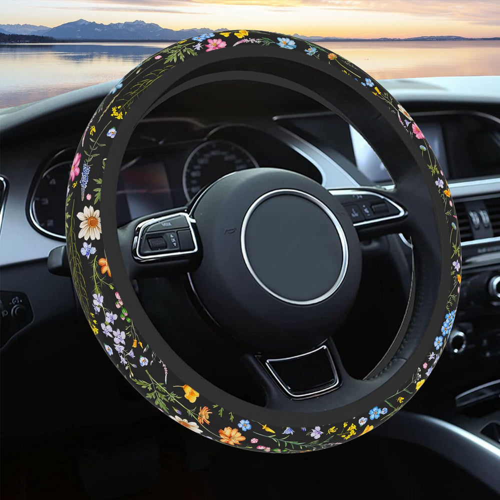 Pcnjozx wildflower steering cover close-up shows anti-slip grip