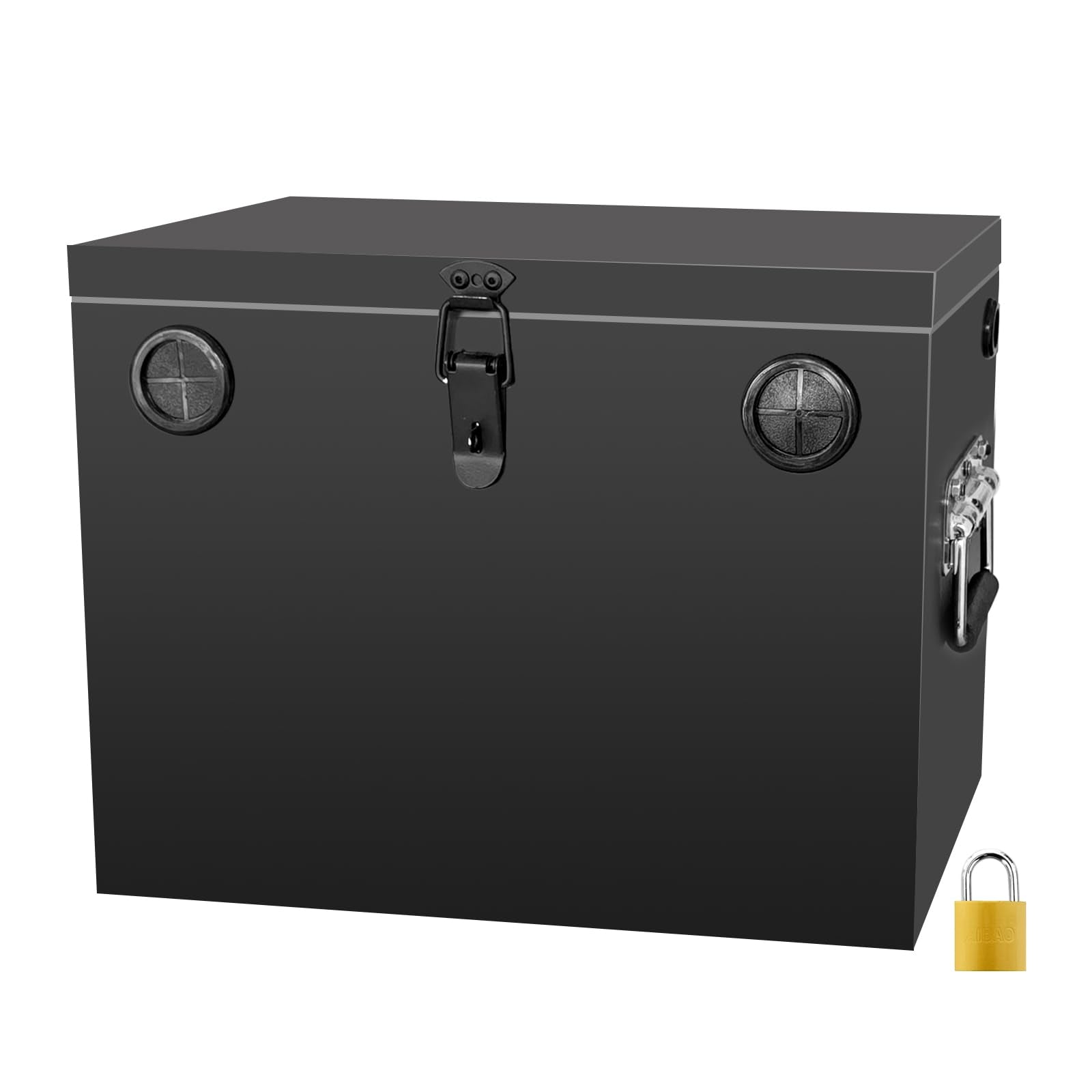Peastorm battery box front view showing rugged steel construction and weatherproof coating.