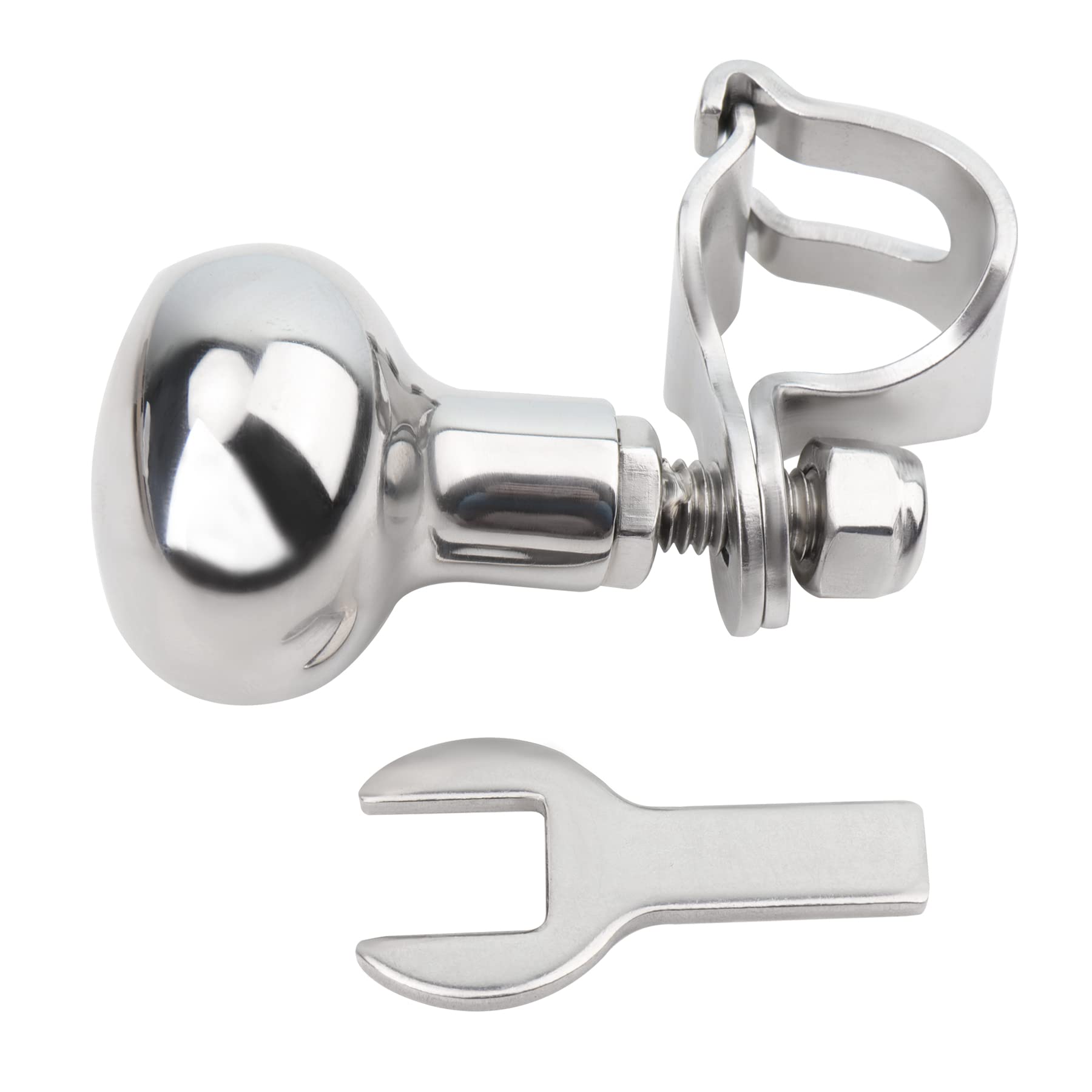 Close-up of Pebbly Beach 316 stainless steel knob with a mirror finish