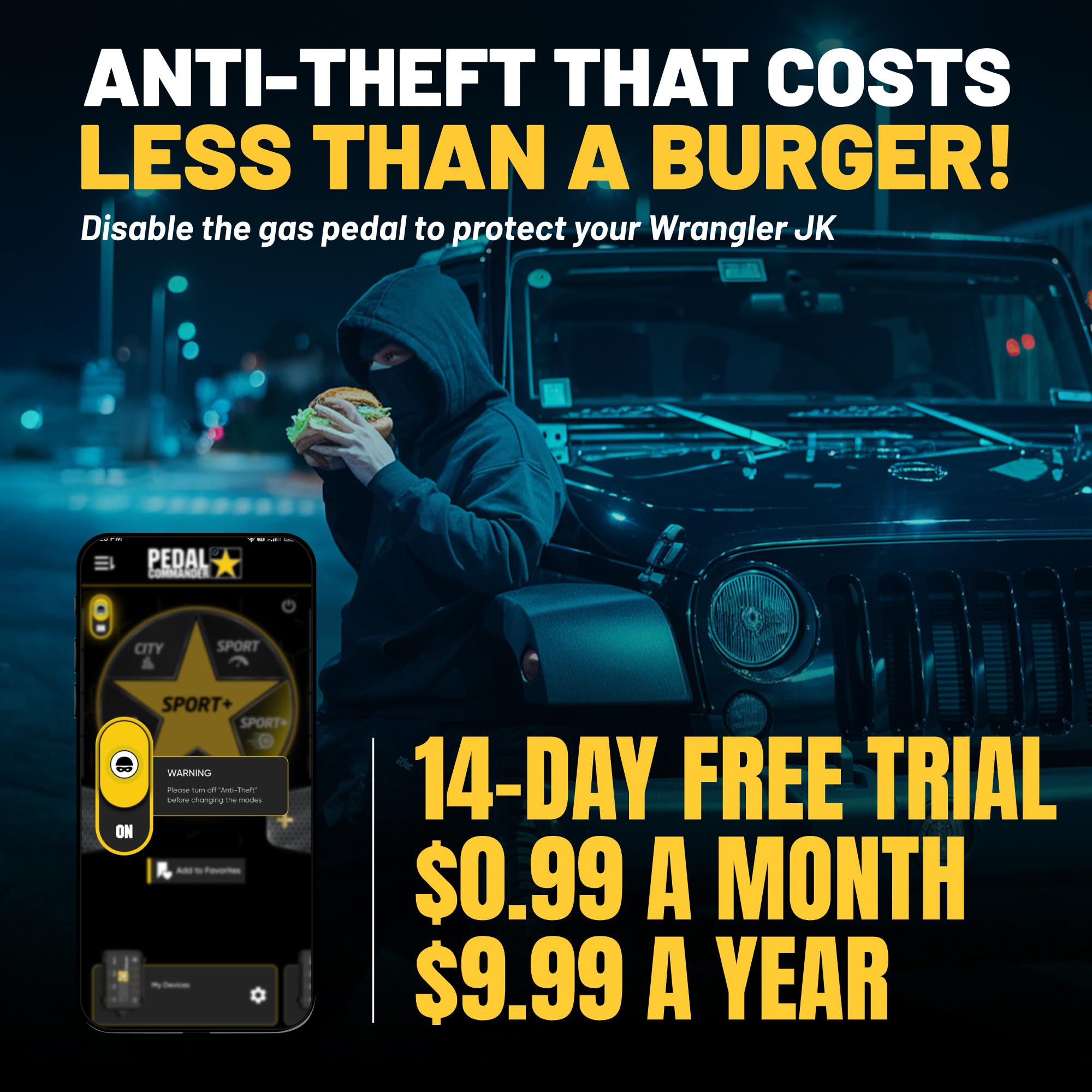 PEDAL COMMANDER anti-theft app lock shown on phone interface.