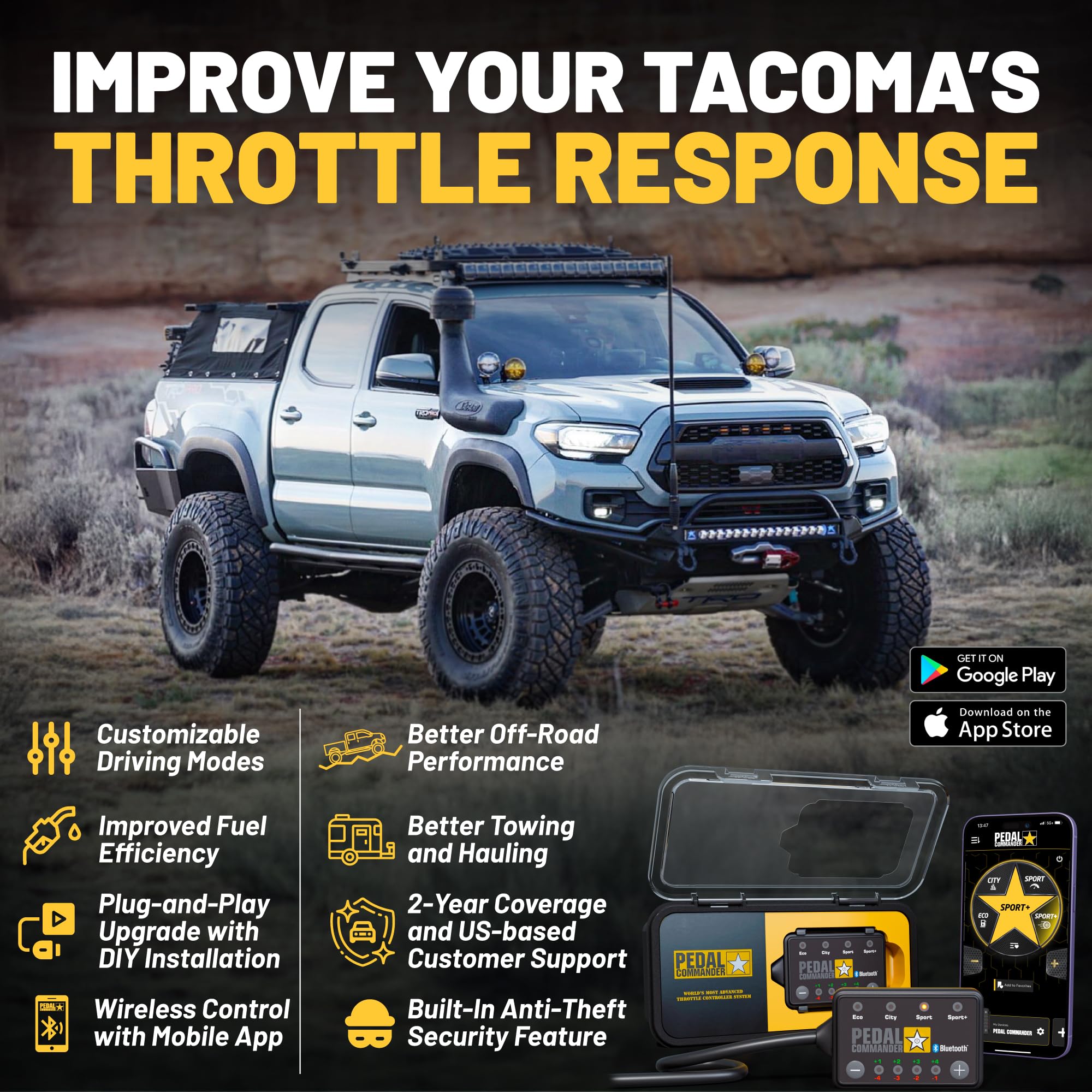 PEDAL COMMANDER app control interface on Tacoma for wireless settings management