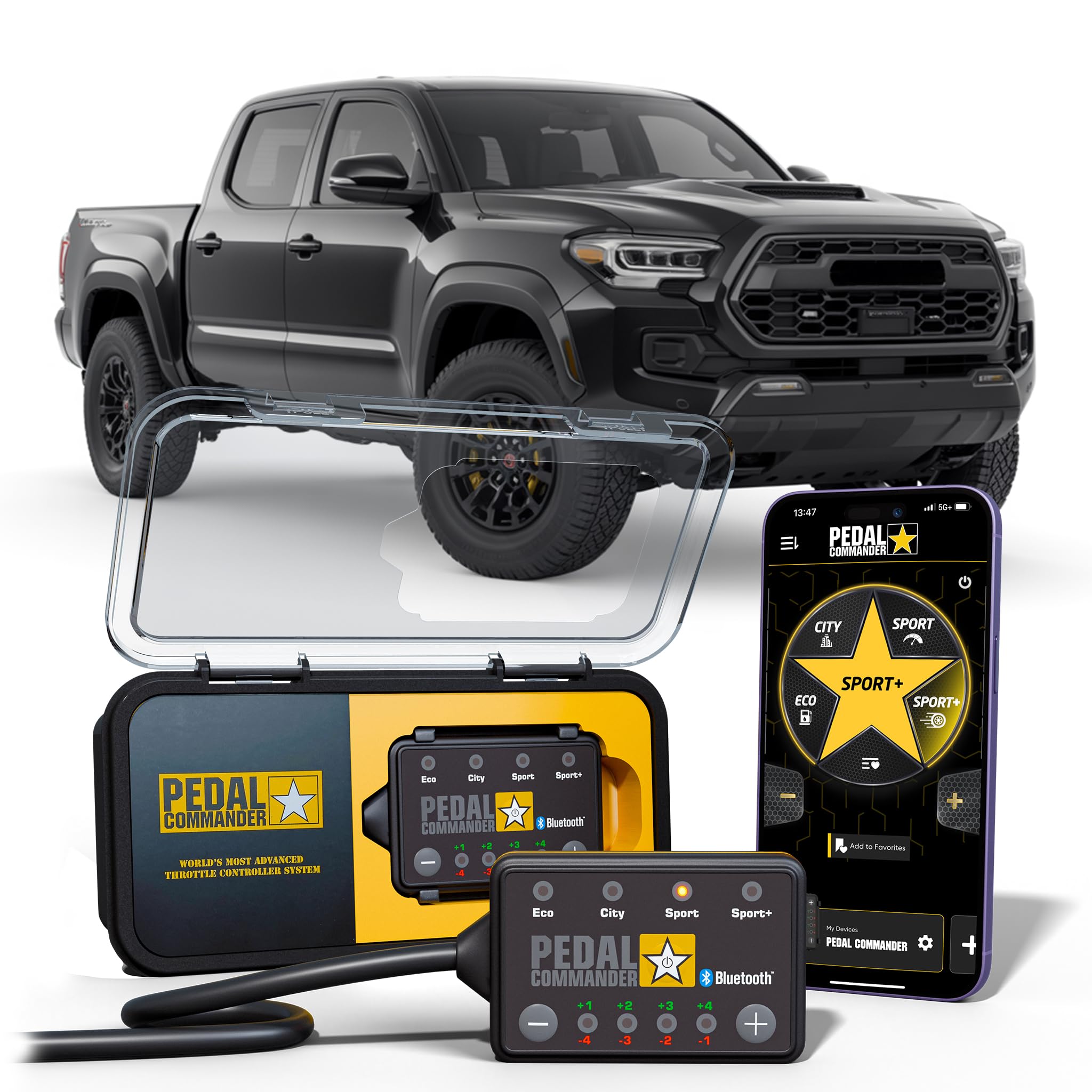 PEDAL COMMANDER installation view on Toyota Tacoma showing plug‑and‑play setup
