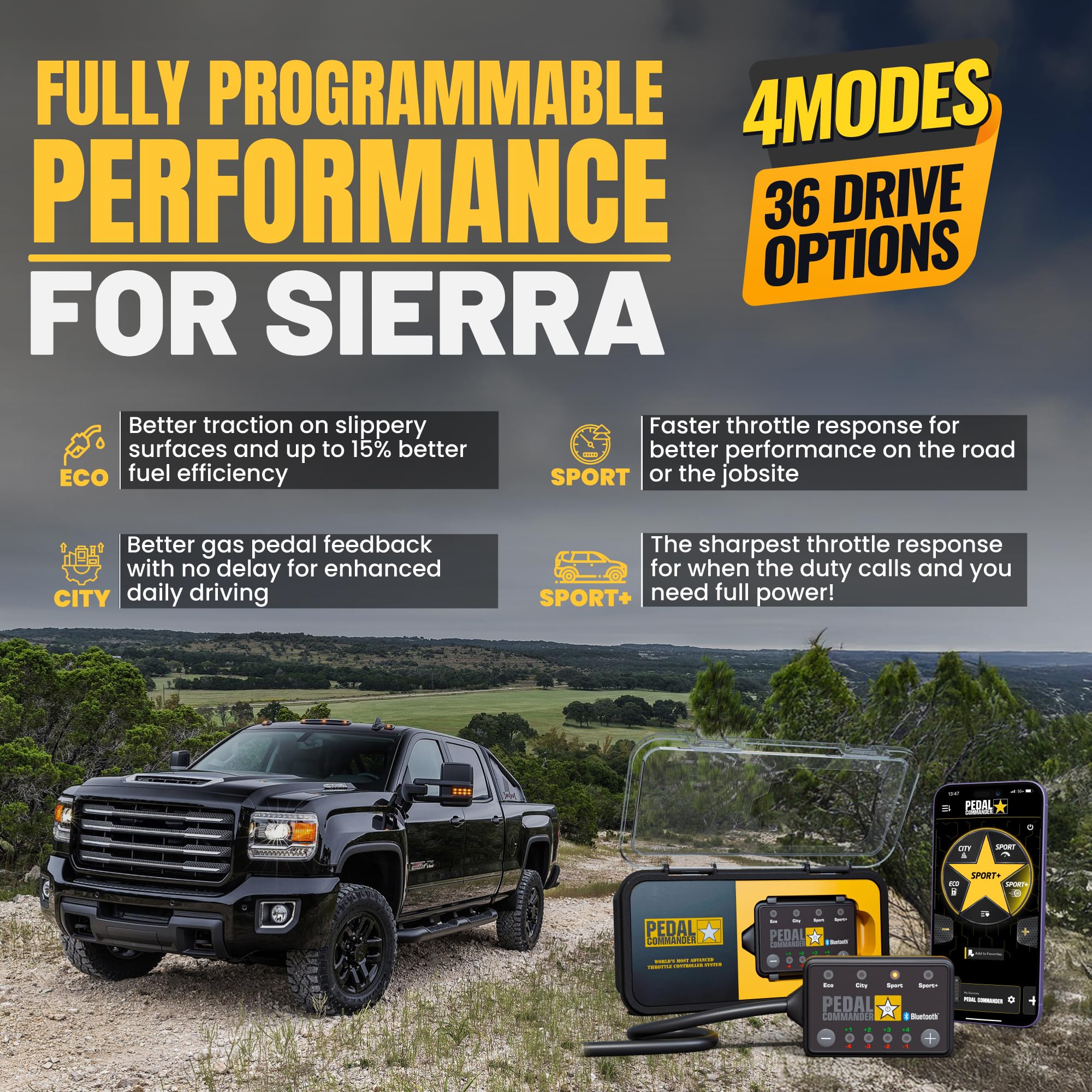 PEDAL COMMANDER wireless mode switch for on-the-go adjustments.