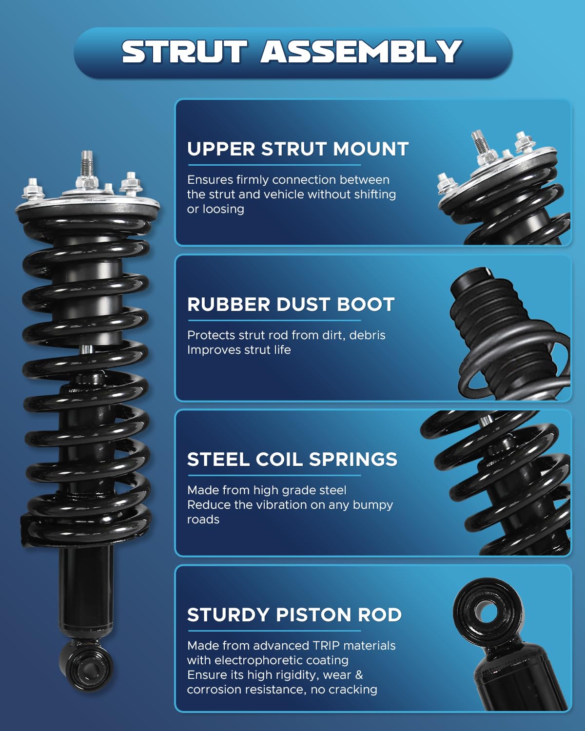 Peforway front-right strut assembly improves steering response and balance.