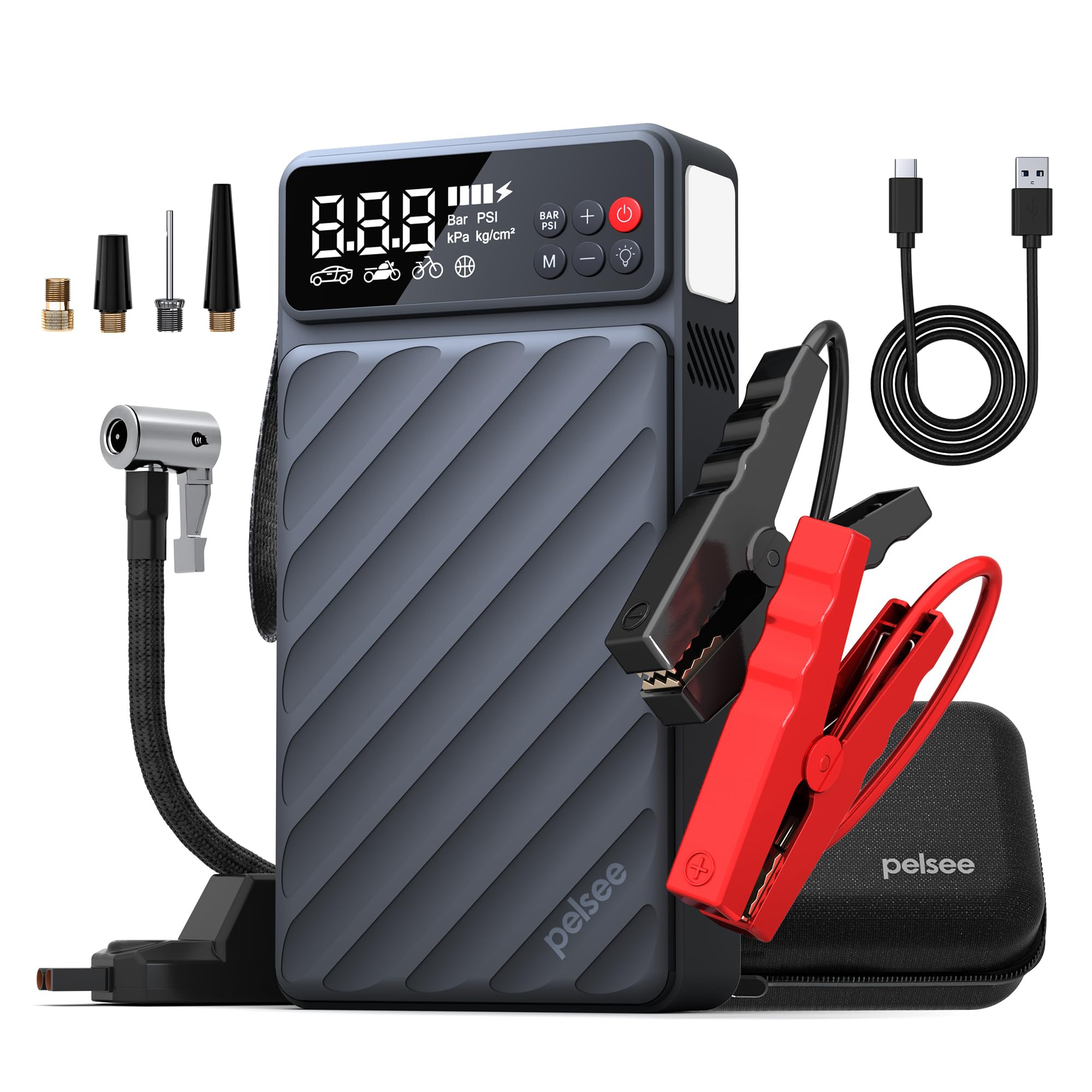 Pelsee 3500A jump starter with tire monitor for quick vehicle boosts