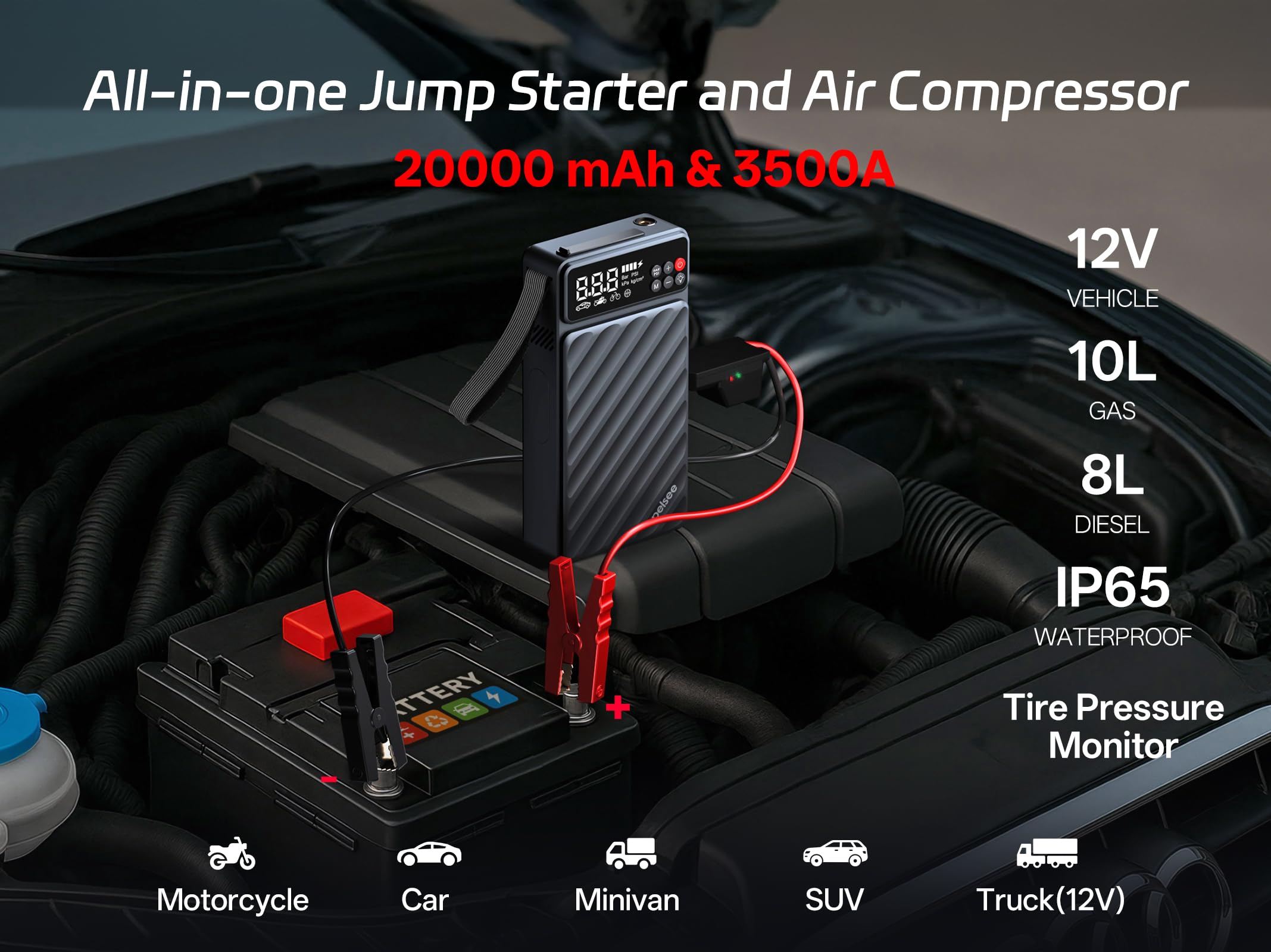 Pelsee air compressor with tire monitor inflates tires quickly and accurately