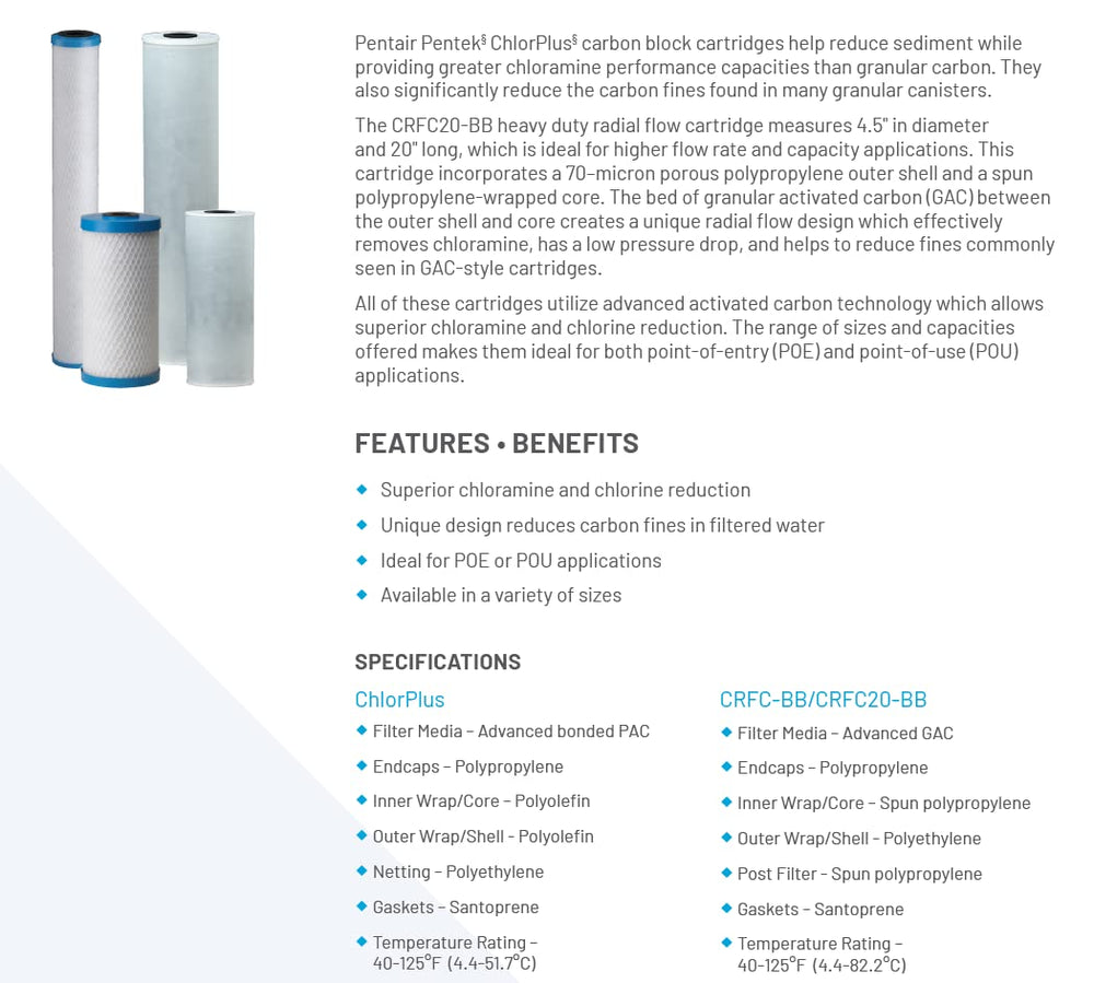 Pentek ChlorPlus10 10-inch cartridge design fits standard housings