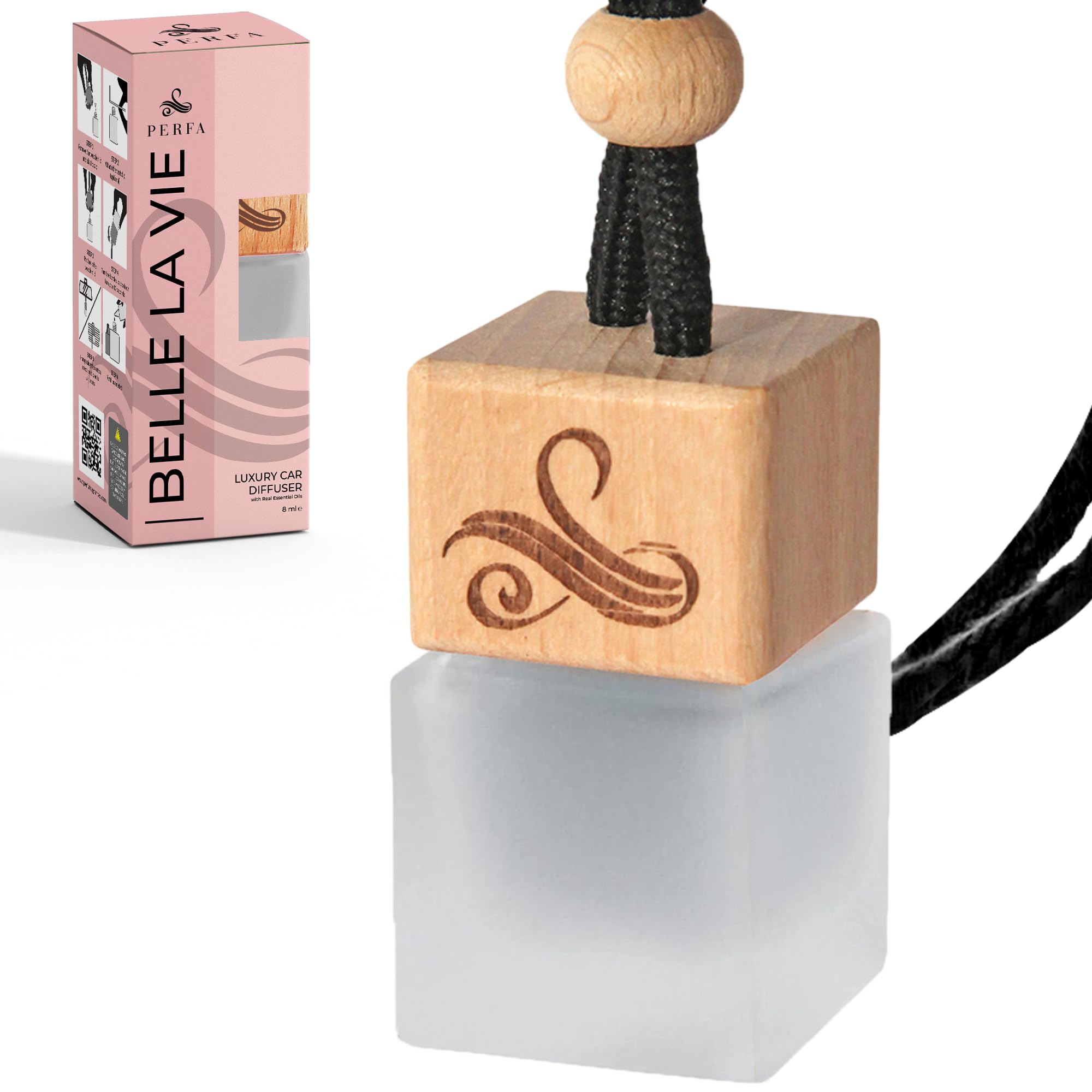 Perfa Belle La Vie bottle close-up, perfume-inspired aroma enhances in-car ambiance.