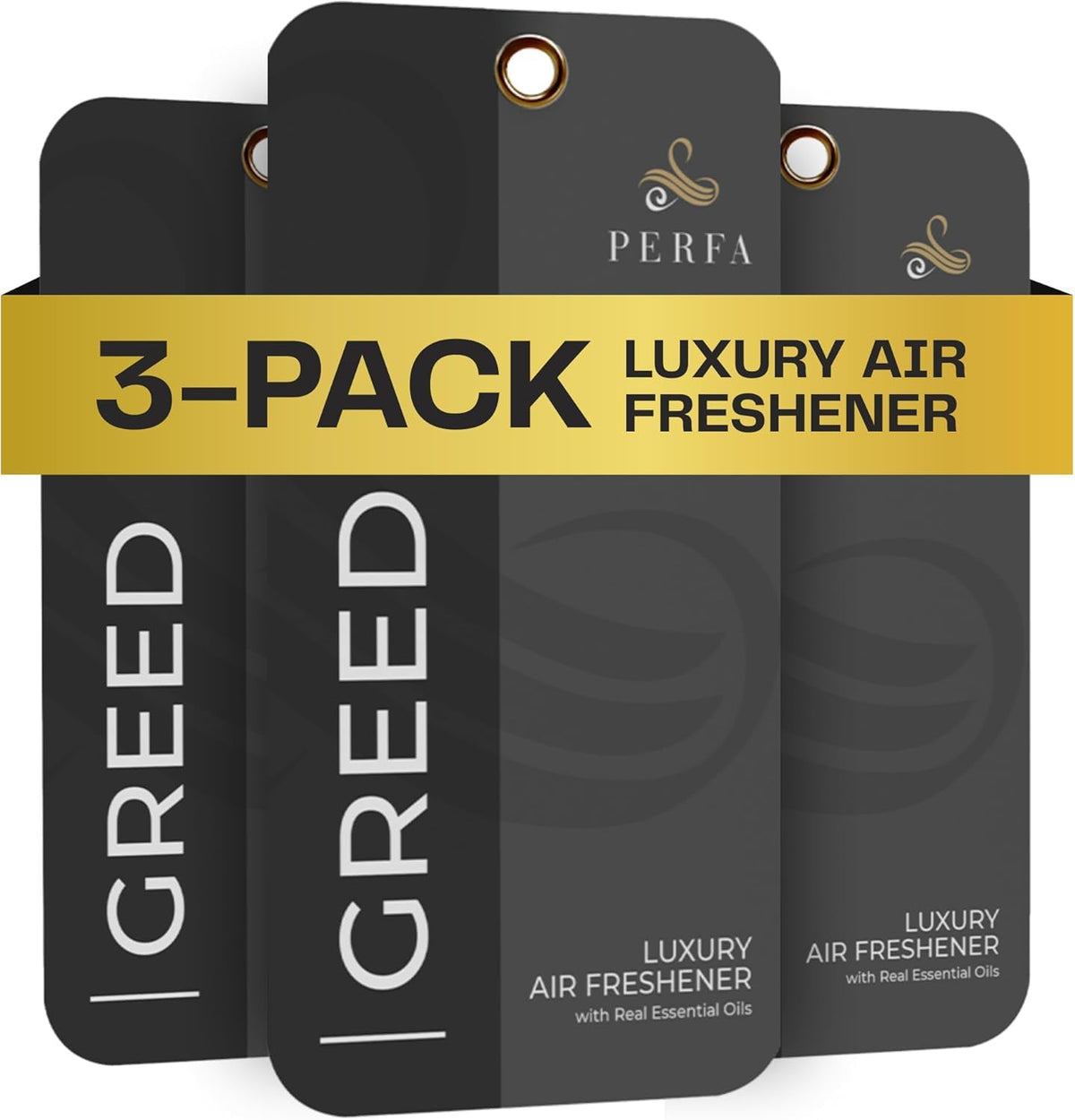 Perfa Greed disposable air fresheners pack shot delivering bold fragrance in a compact pack
