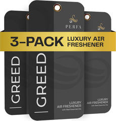 Perfa Greed disposable air fresheners pack shot delivering bold fragrance in a compact pack
