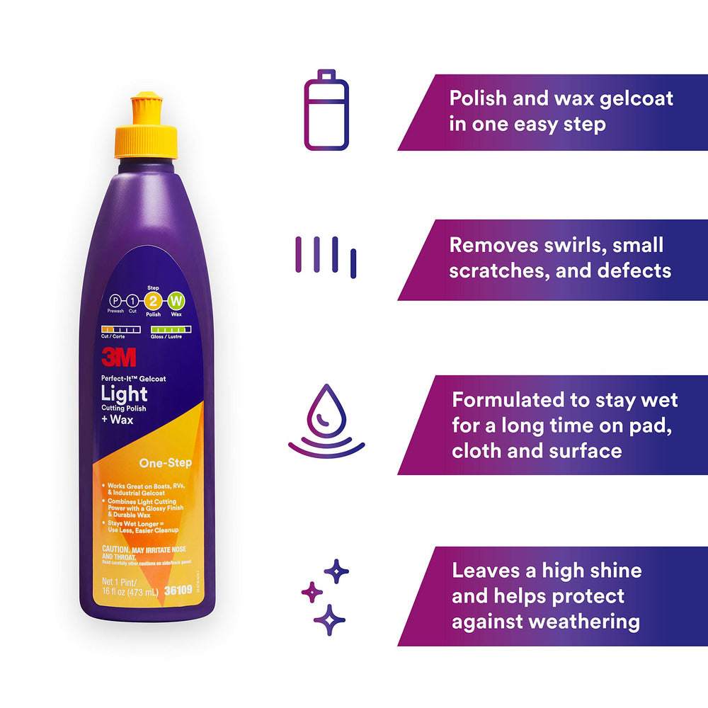 Perfect-It Gelcoat Light Cutting Polish + Wax applied on a boat hull yields a high-gloss finish.