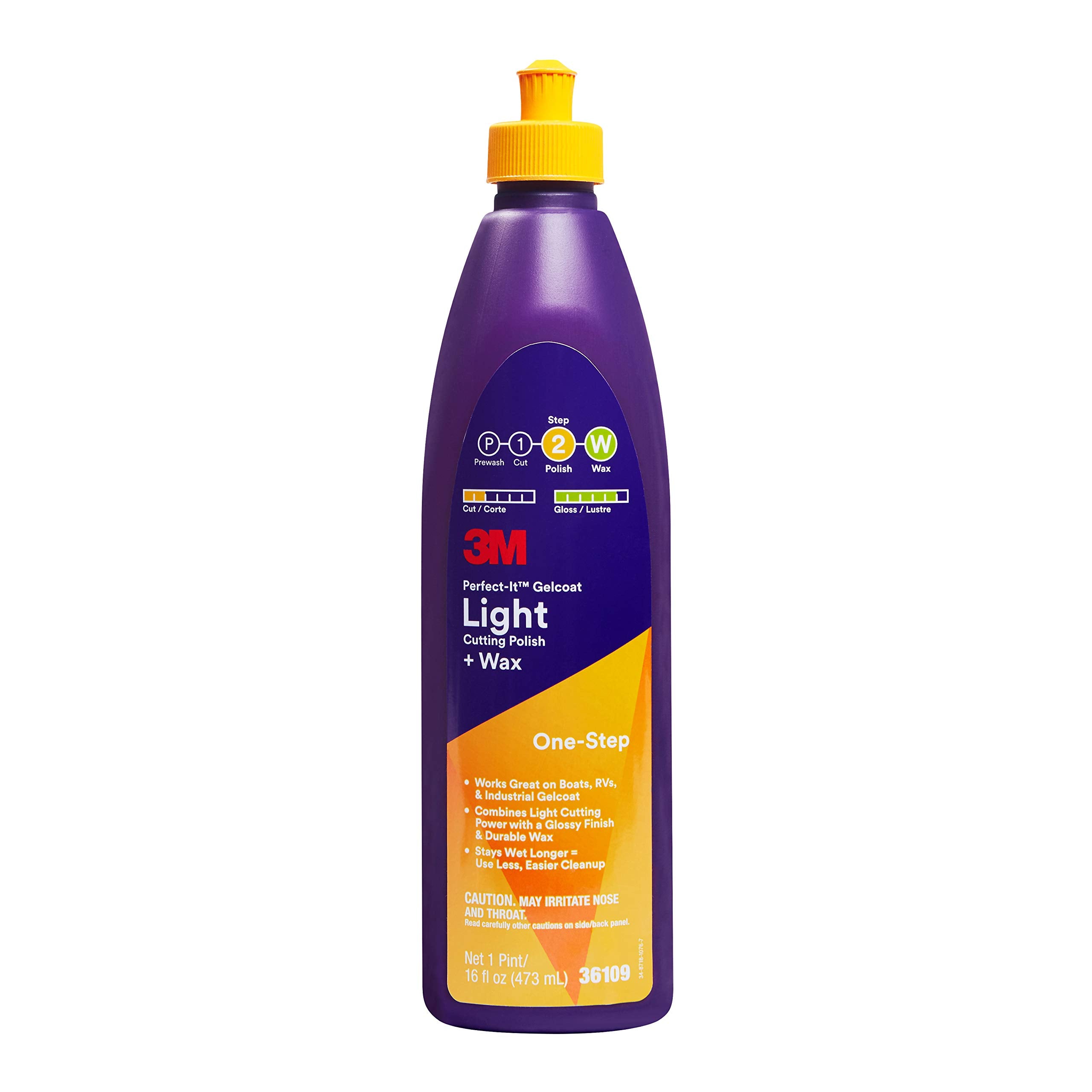 Perfect-It Gelcoat Light Cutting Polish + Wax packaging shows an all-in-one boat care solution.