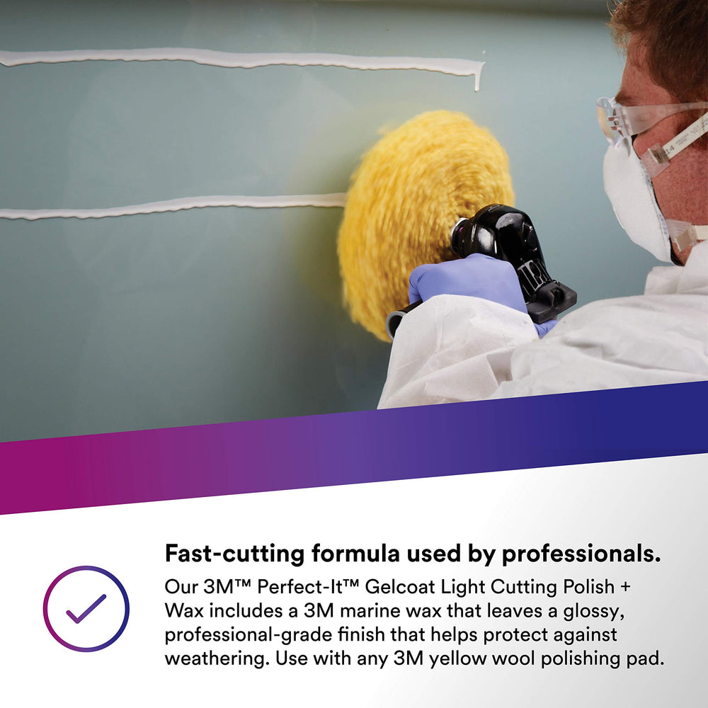 Perfect-It Gelcoat Light Cutting Polish + Wax used with a rotary polisher for easy application.