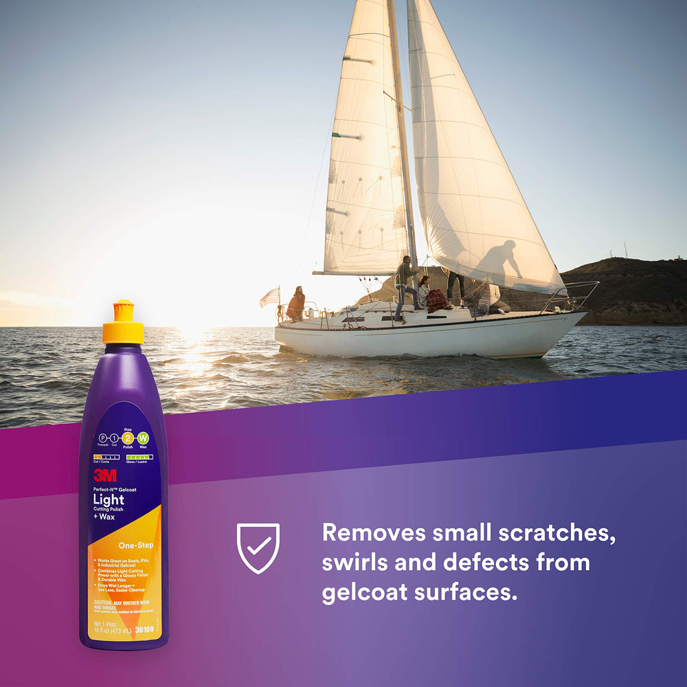 Perfect-It Gelcoat Light Cutting Polish + Wax with yellow wool pad for efficient polishing.